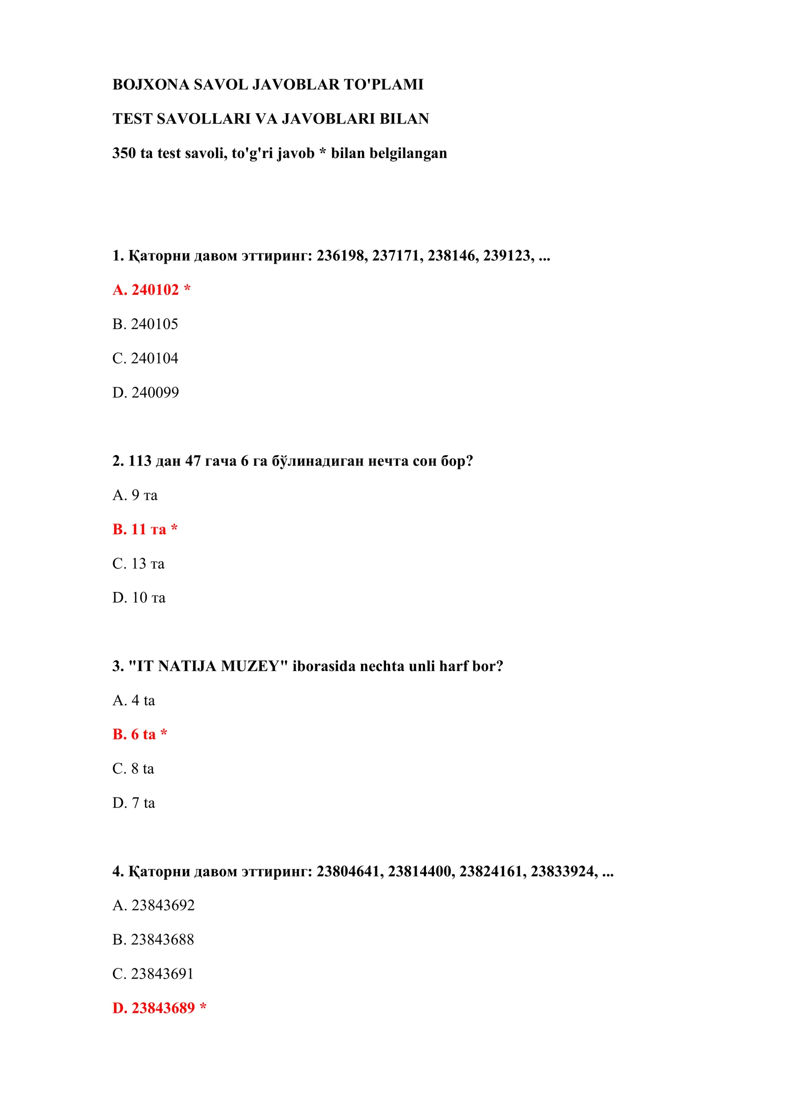 BOJXONA SAVOL JAVOBLAR TO'PLAMI 2