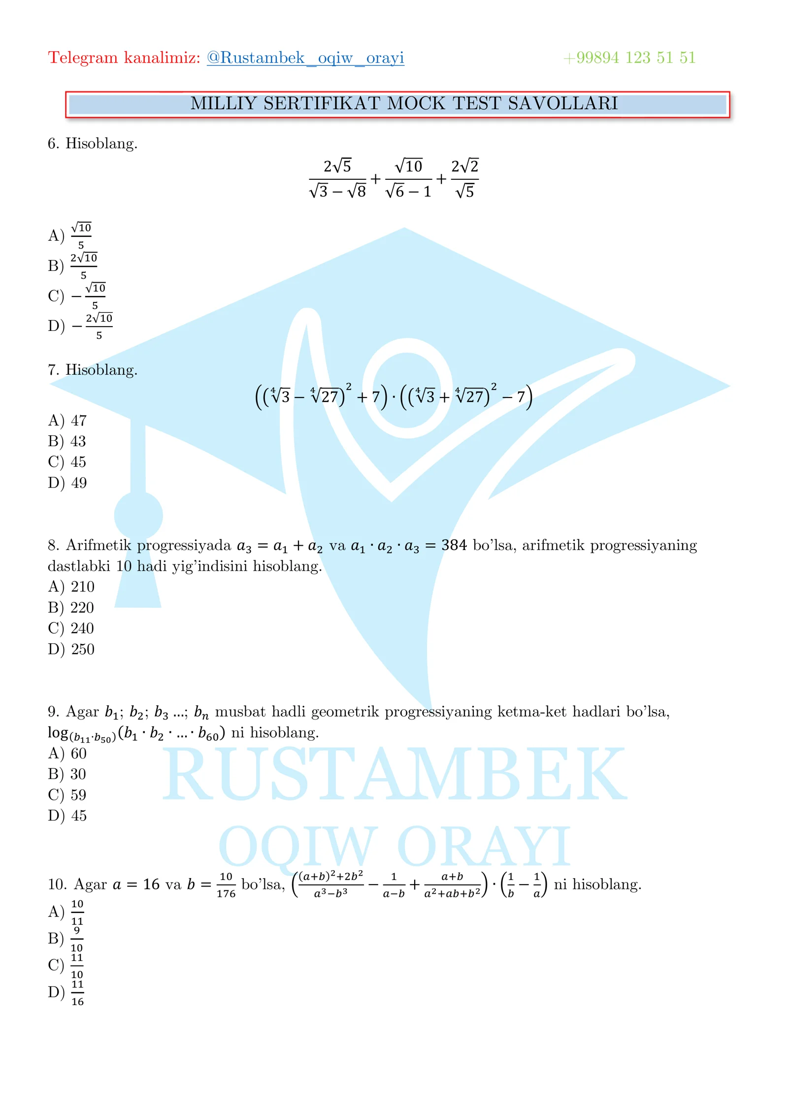 MILLIY SERTIFIKAT MOCK TEST SAVOLLARI 2
