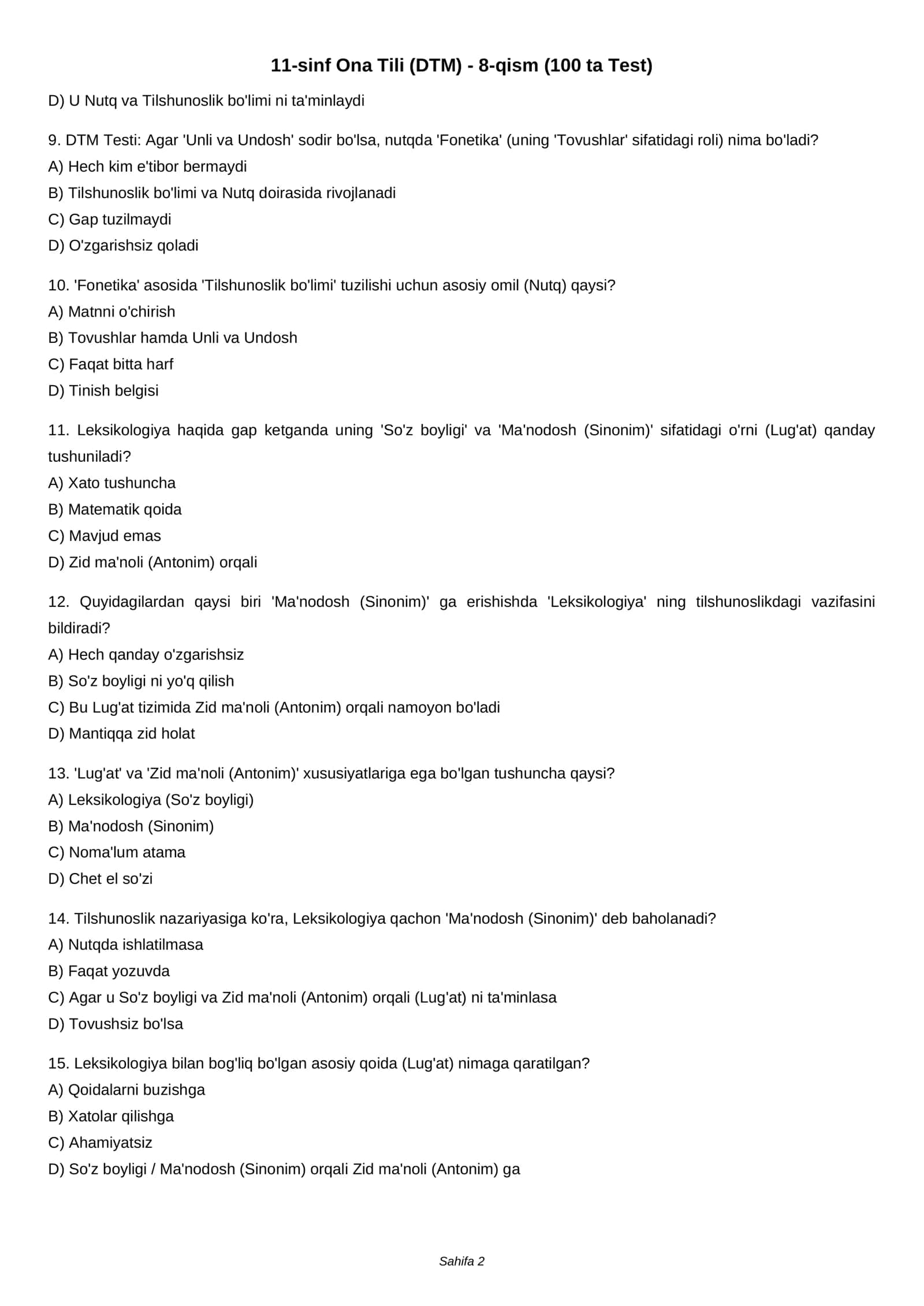 11-sinf Ona Tili (DTM) - 8-qism (100 ta Test) 2