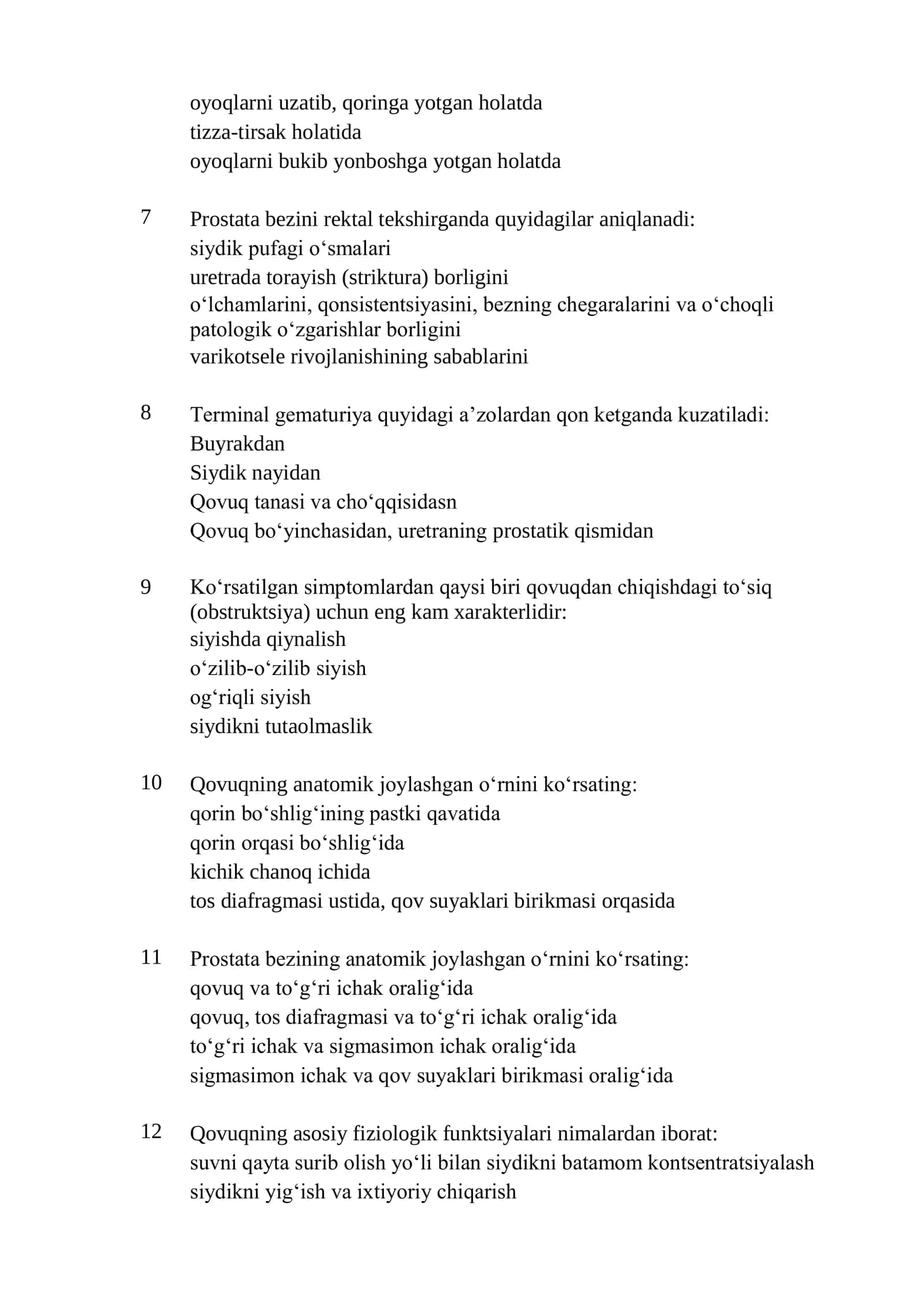 Urologiya mutaxassisligi boʻyicha shakllantirilgan test savollari. ARGOS 2