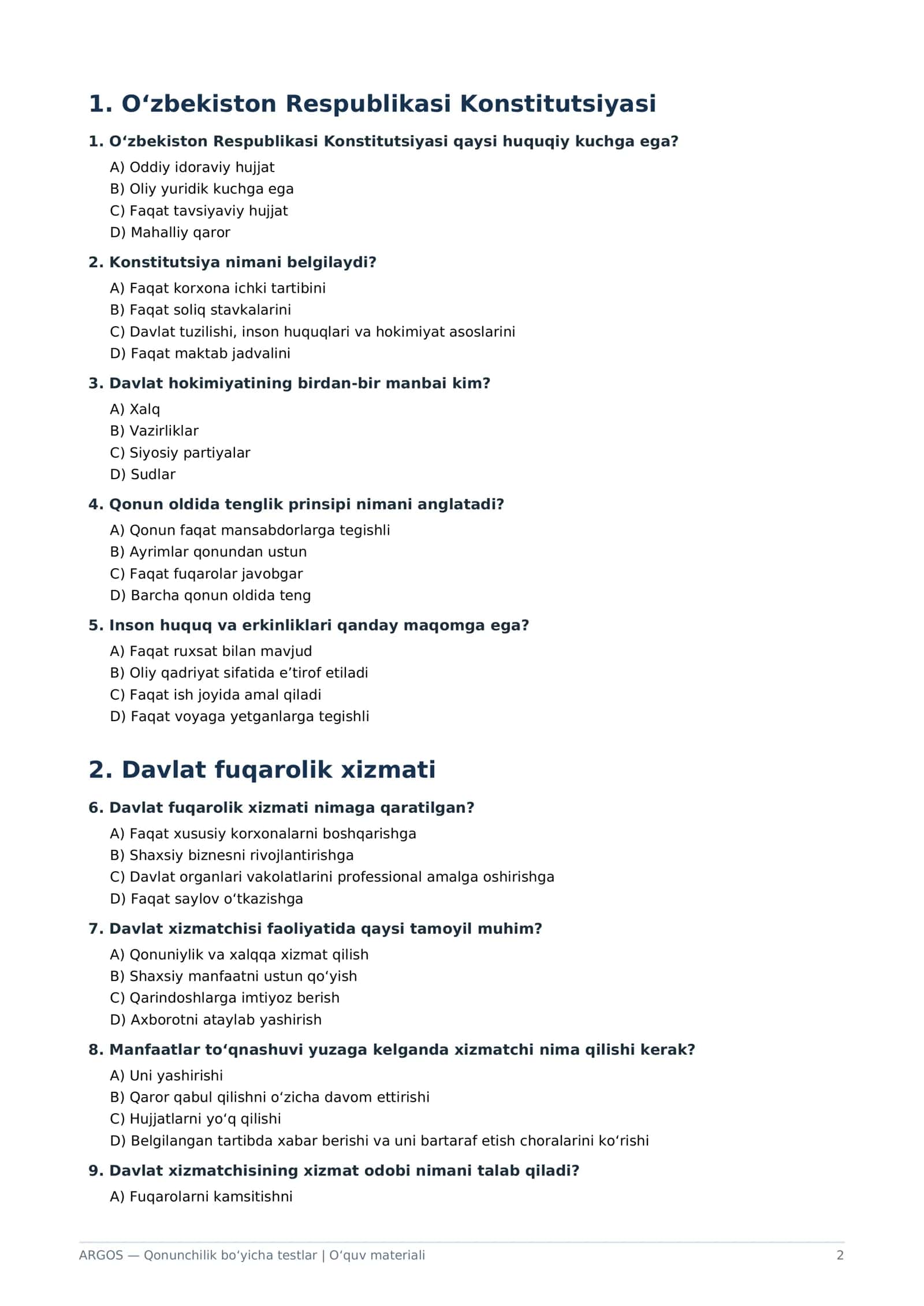ARGOS qonunchilik bo‘yicha 25 ta test va javoblar kaliti — PDF 2