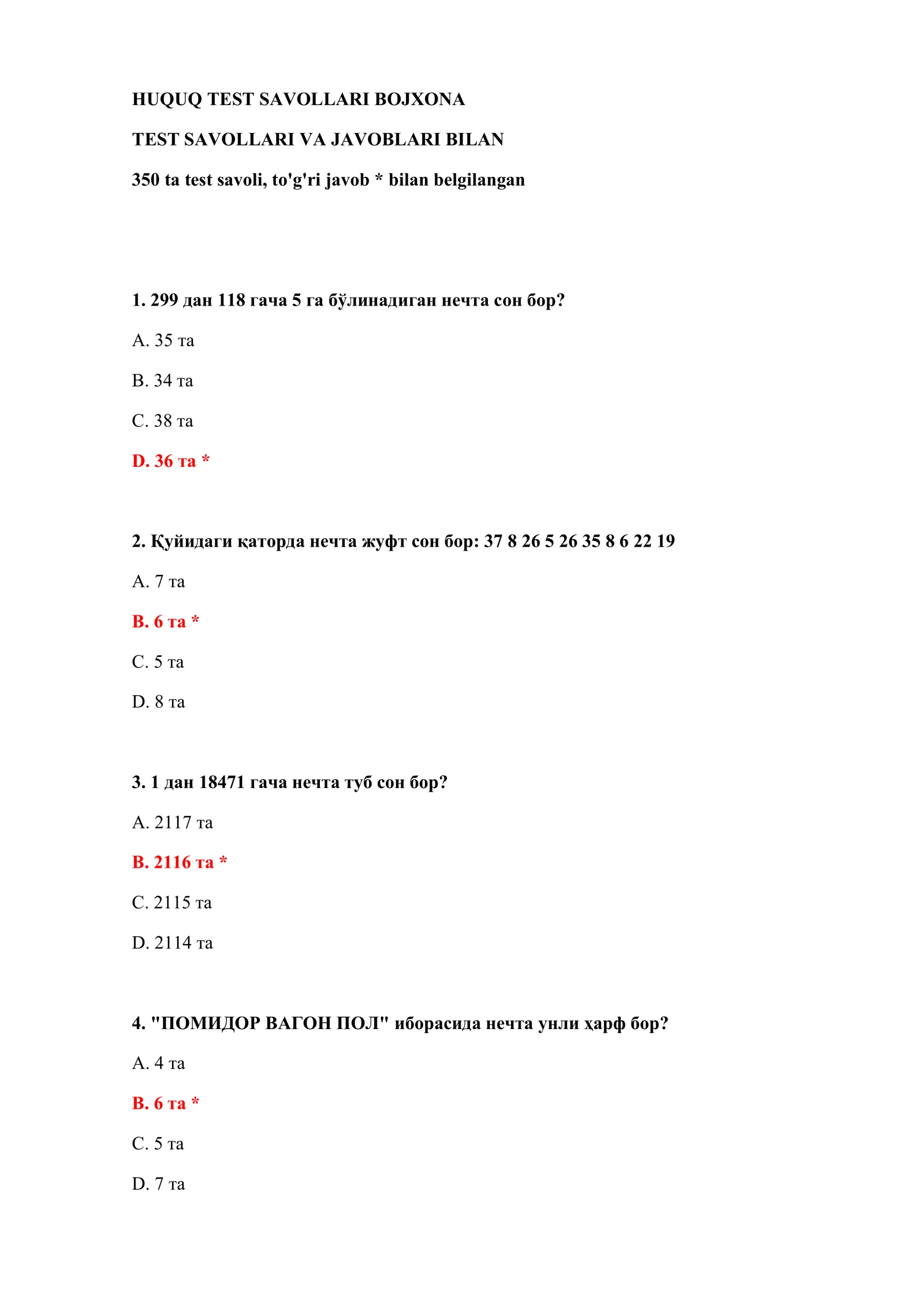 HUQUQ TEST SAVOLLARI BOJXONA 2