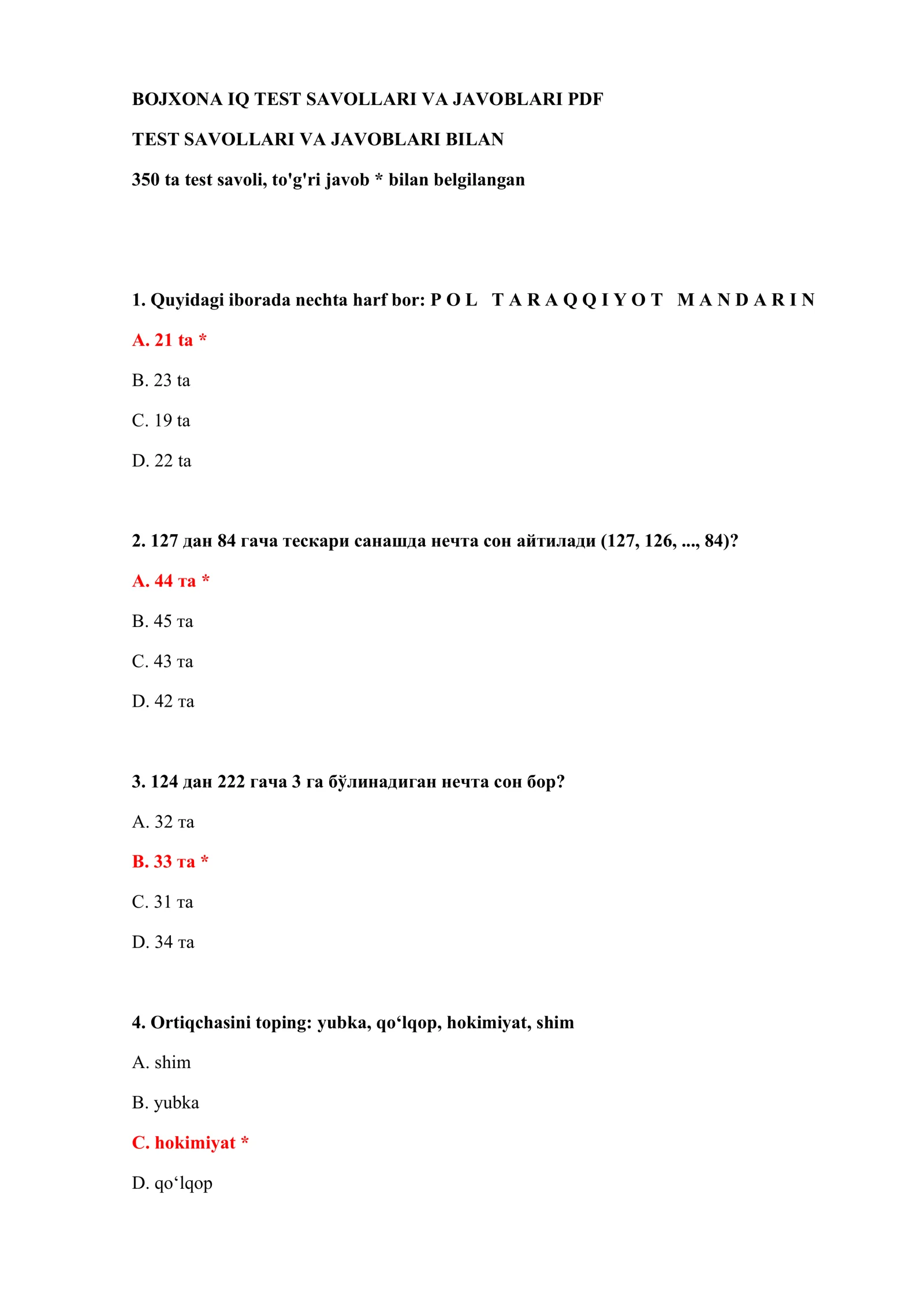 BOJXONA IQ TEST SAVOLLARI VA JAVOBLARI PDF 2