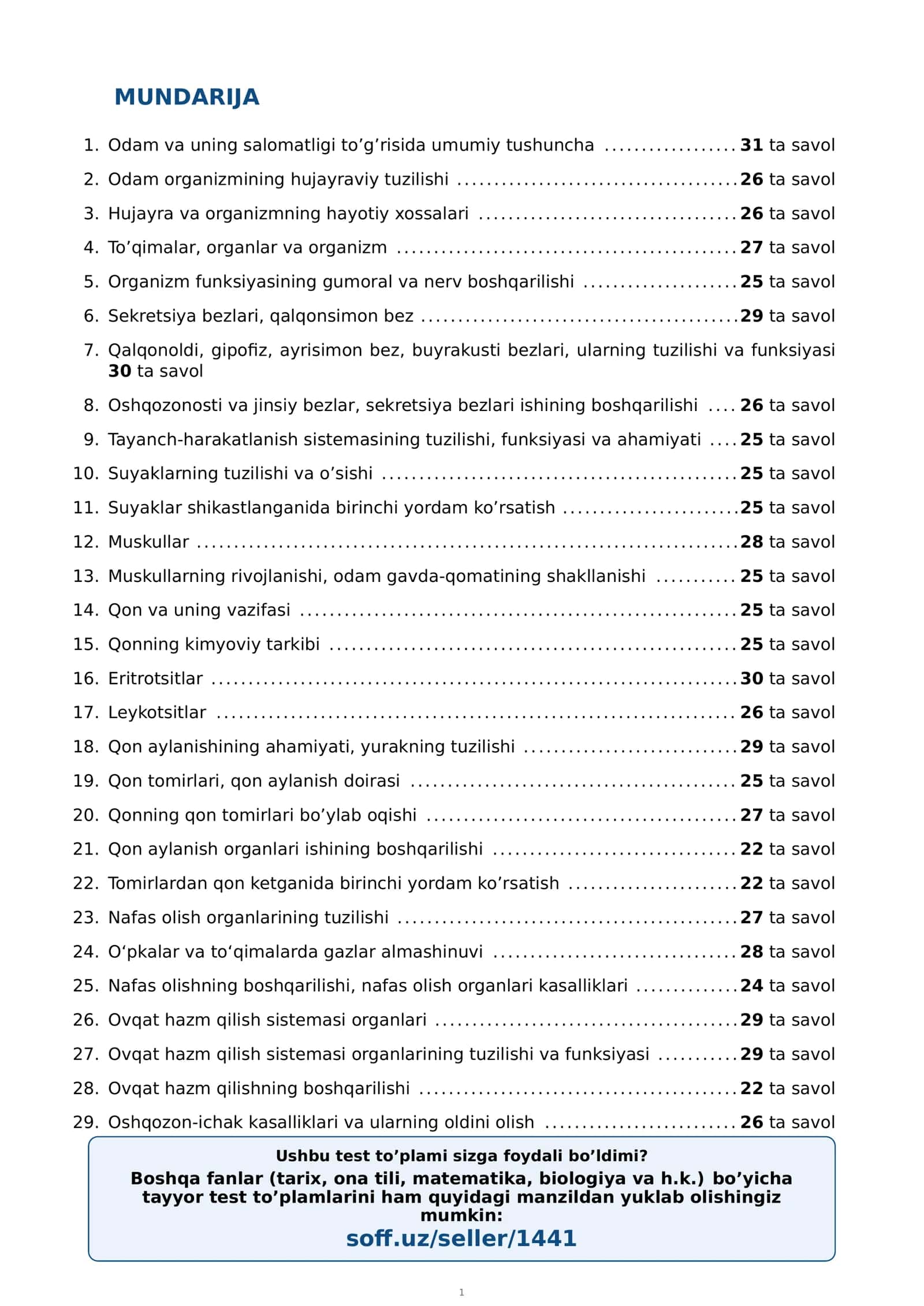 8-sinf Biologiya (Odam va uning salomatligi) fanidan mavzulashtirilgan test va savollar to'plami 2