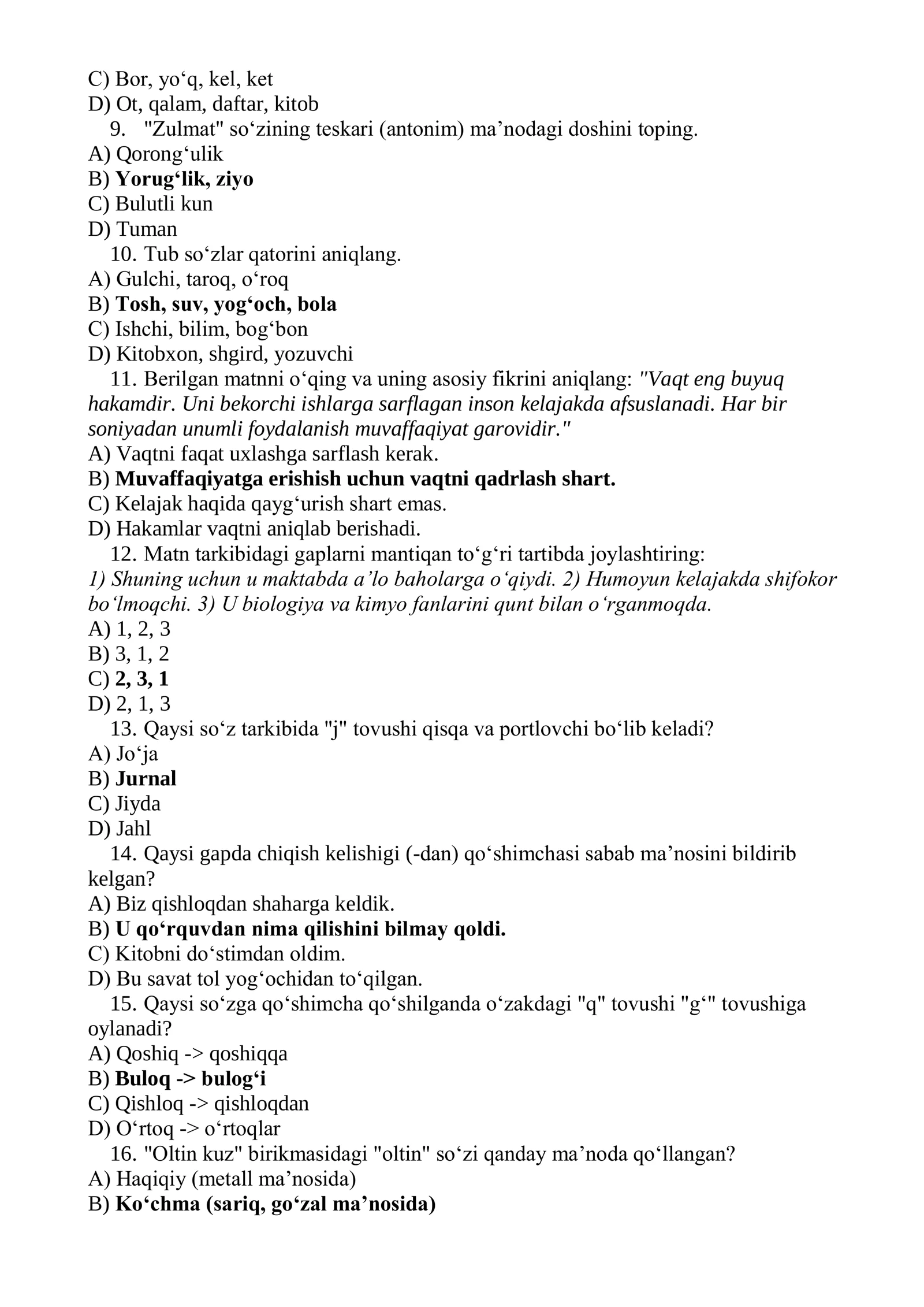 Ijod maktablariga kiruvchilar uchun tayyorgarlik test variantlari (Javoblari bilan) 2