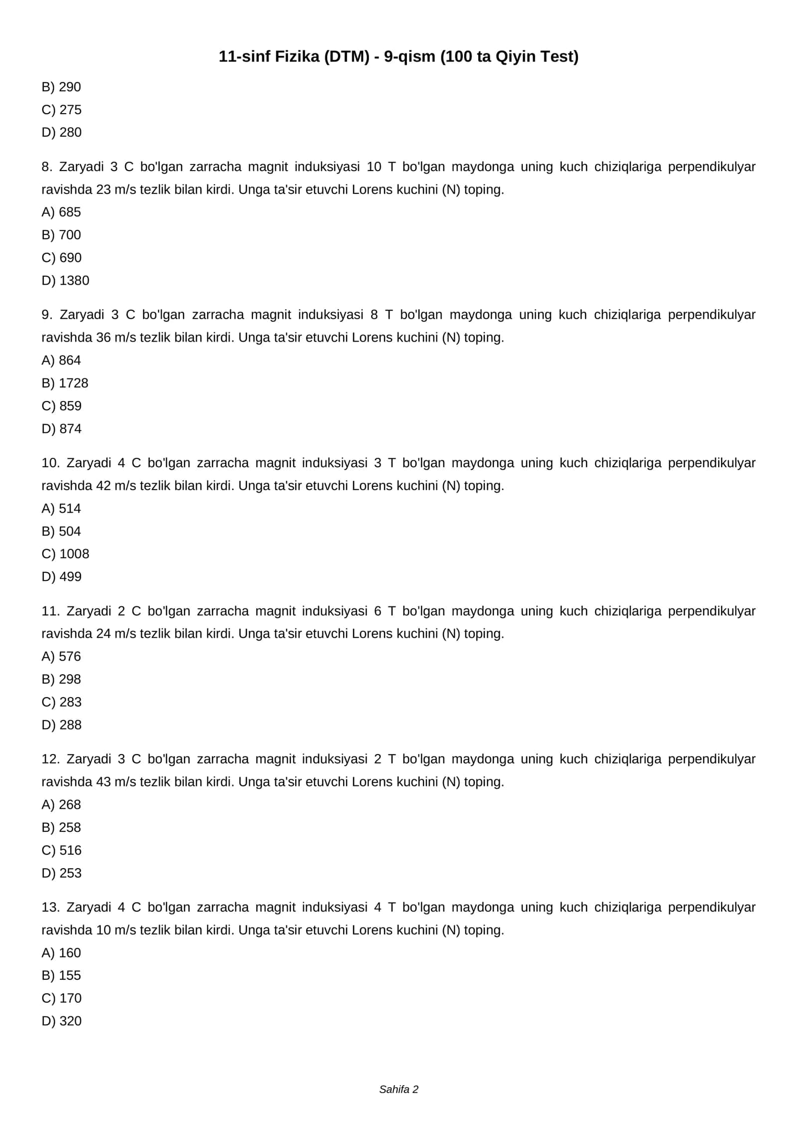 11-sinf Fizika (DTM) - 9-qism (100 ta Qiyin Test) 2
