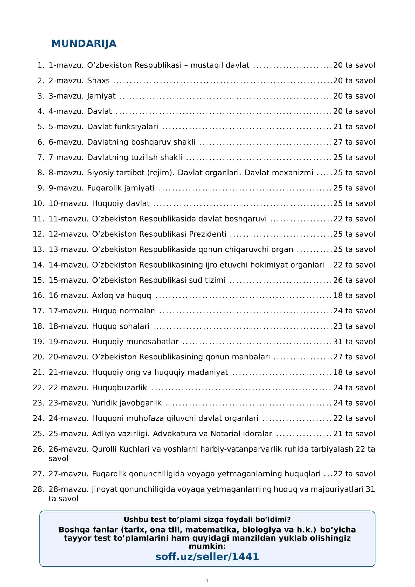 8-sinf HUQUQ MAVZULASHTIRILGAN TEST 2