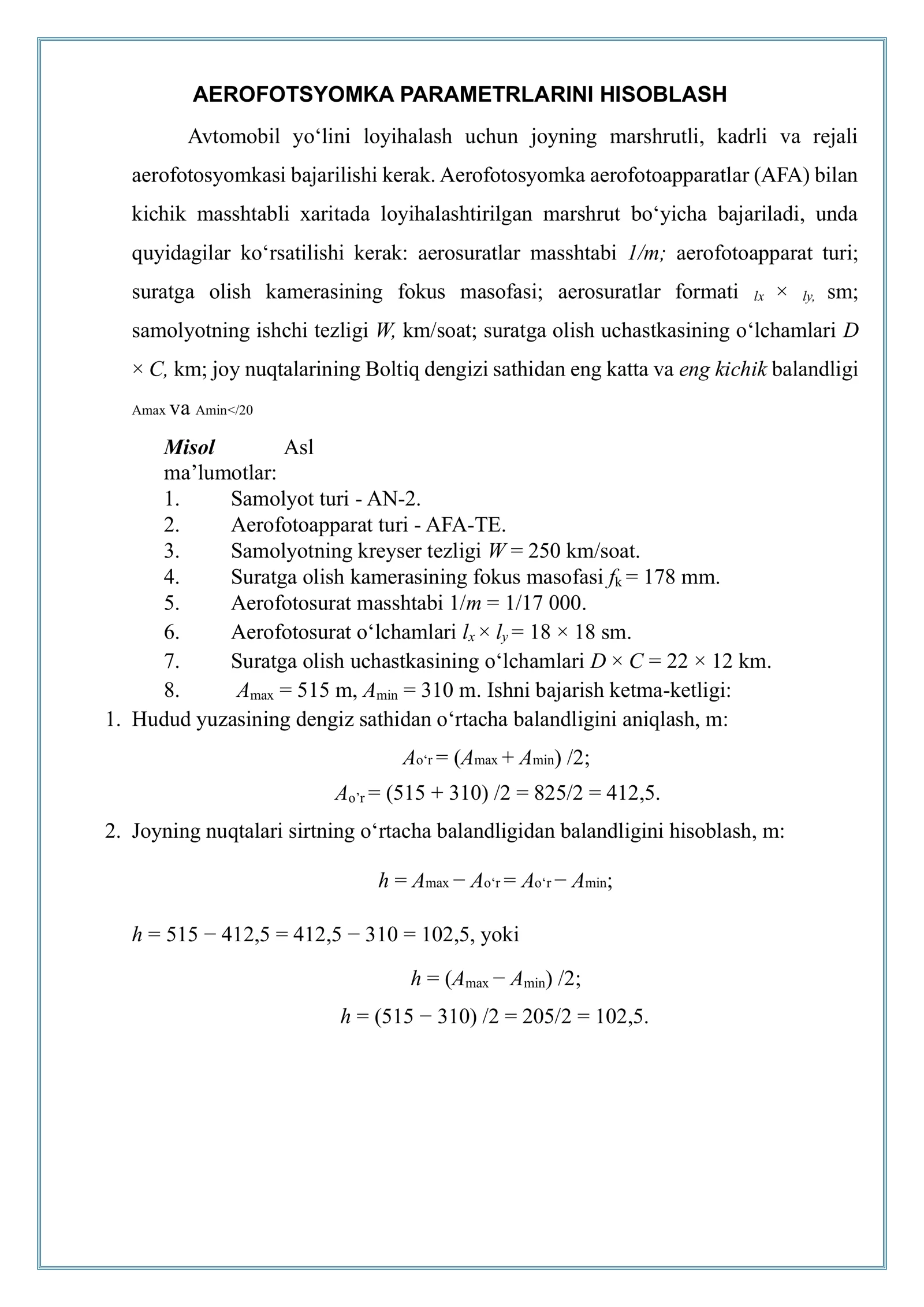 Aerofotosyomka parametrlarini hisoblash 2