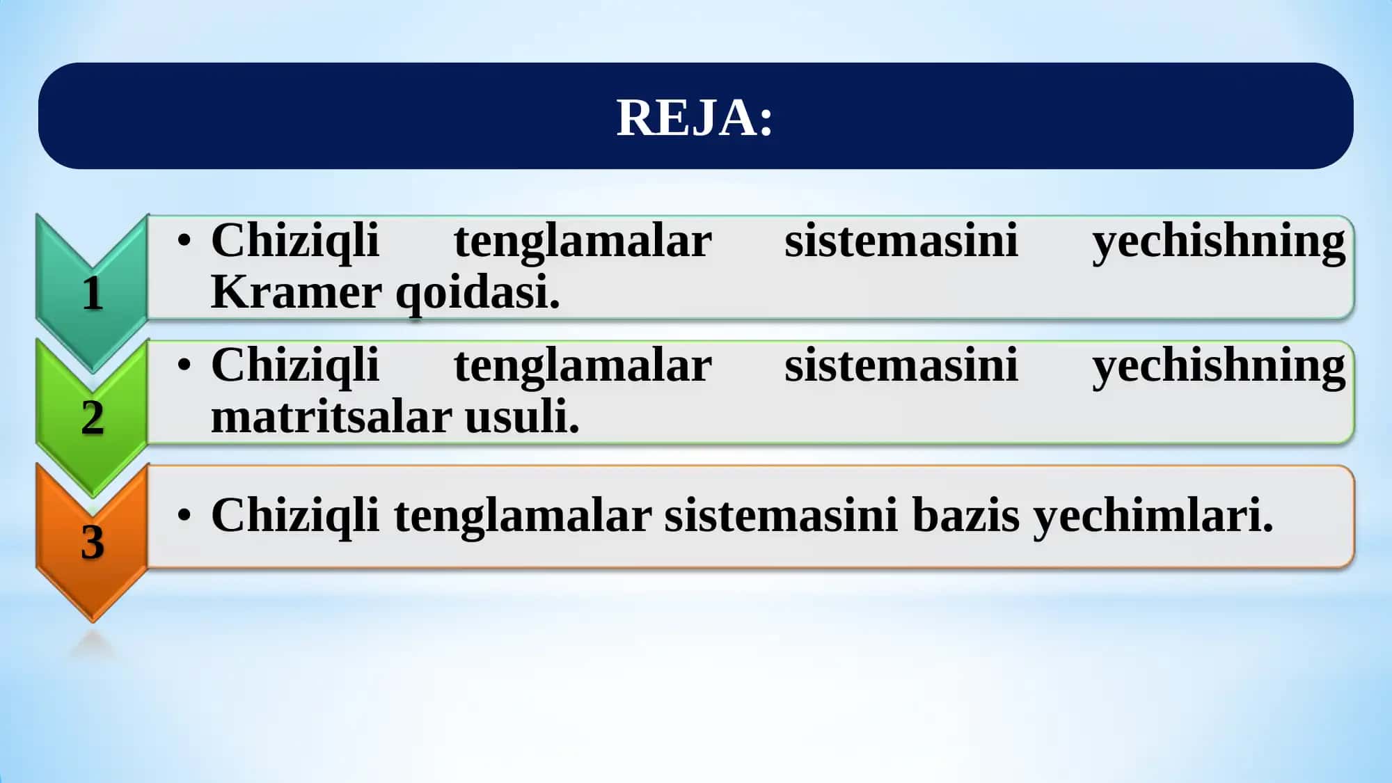 Amaliy matematika 1: Chiziqli tenglamalar sistemasi va uni yechishning Kramer qoidasi va matritsalar usuli 2
