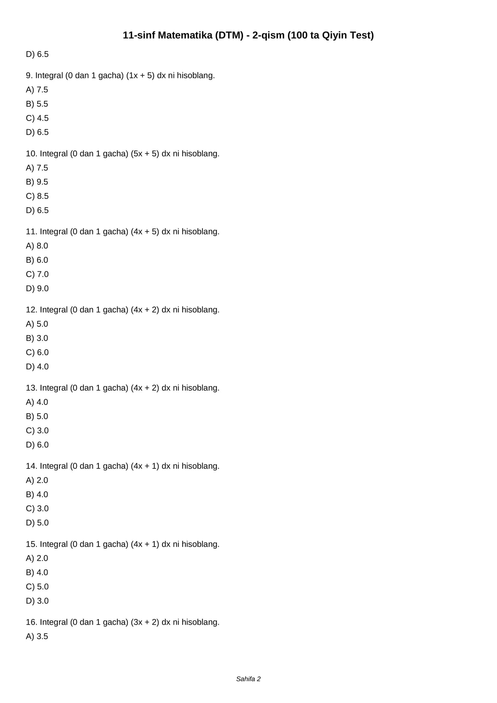11-sinf Matematika (DTM) - 2-qism (100 ta Qiyin Test) 2