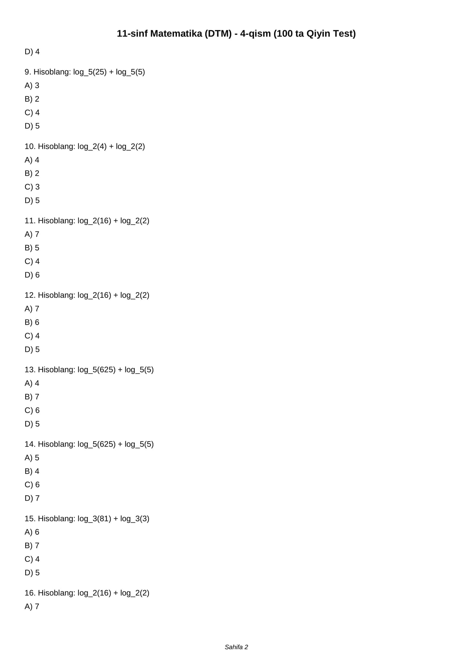 11-sinf Matematika (DTM) - 4-qism (100 ta Qiyin Test) 2