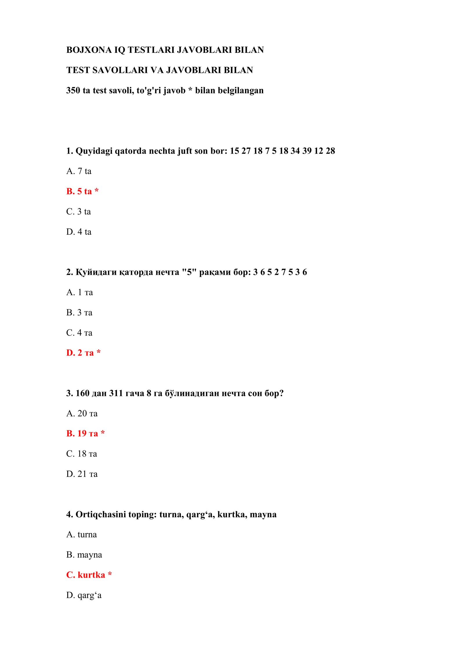 BOJXONA IQ TESTLARI JAVOBLARI BILAN 2