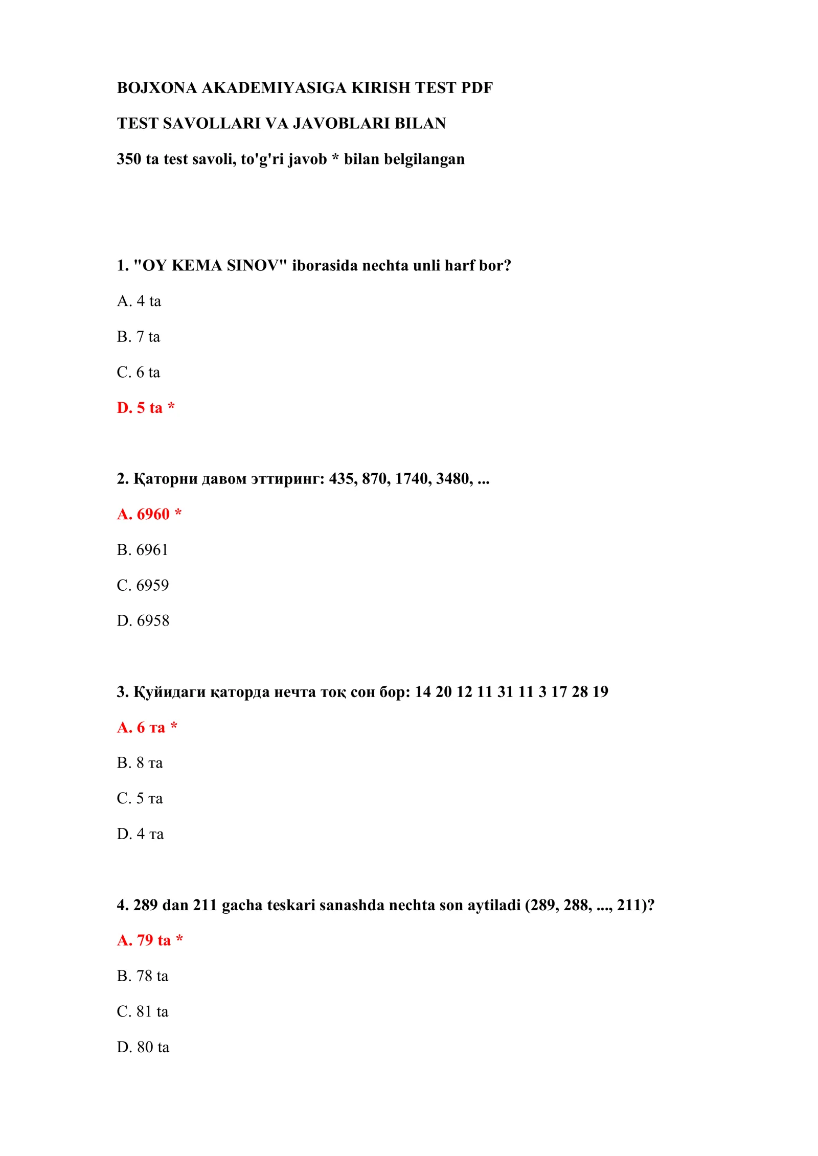 BOJXONA AKADEMIYASIGA KIRISH TEST PDF 2