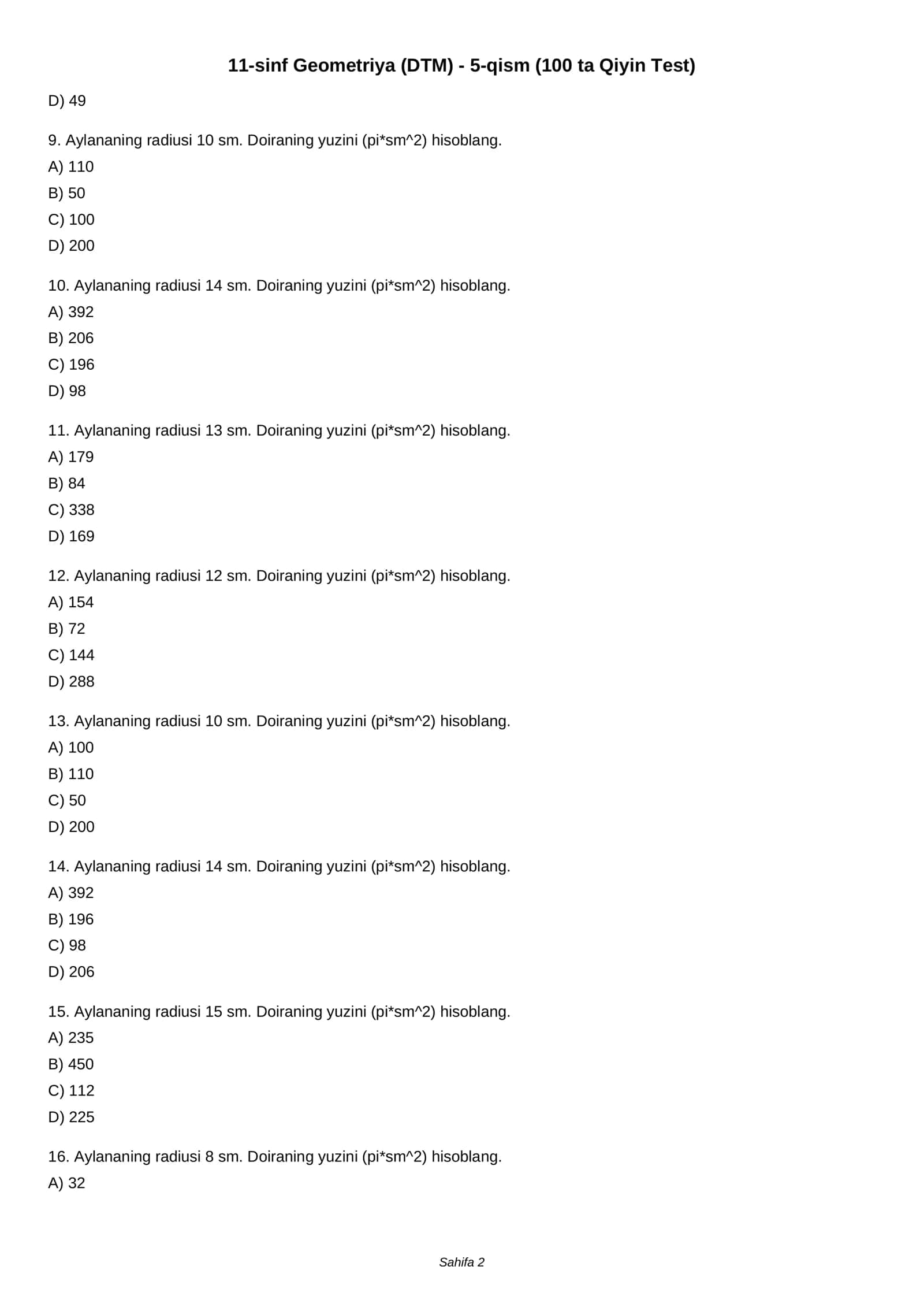 11-sinf Geometriya (DTM) - 5-qism (100 ta Qiyin Test) 2
