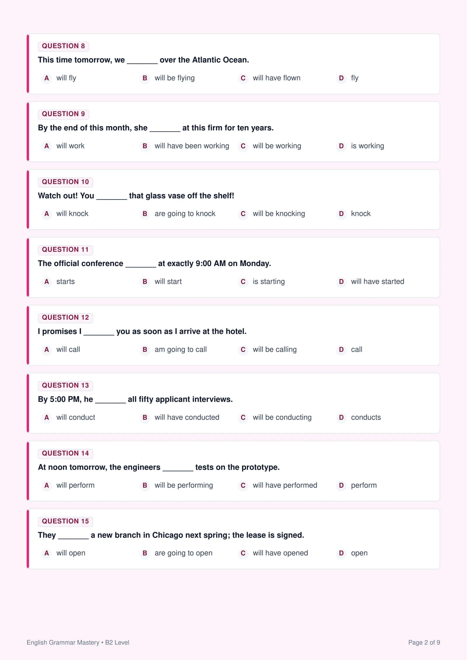 Future Forms (Will, Going to, Continuous & Perfect) (B2 Level) — 50 Ta Test 2