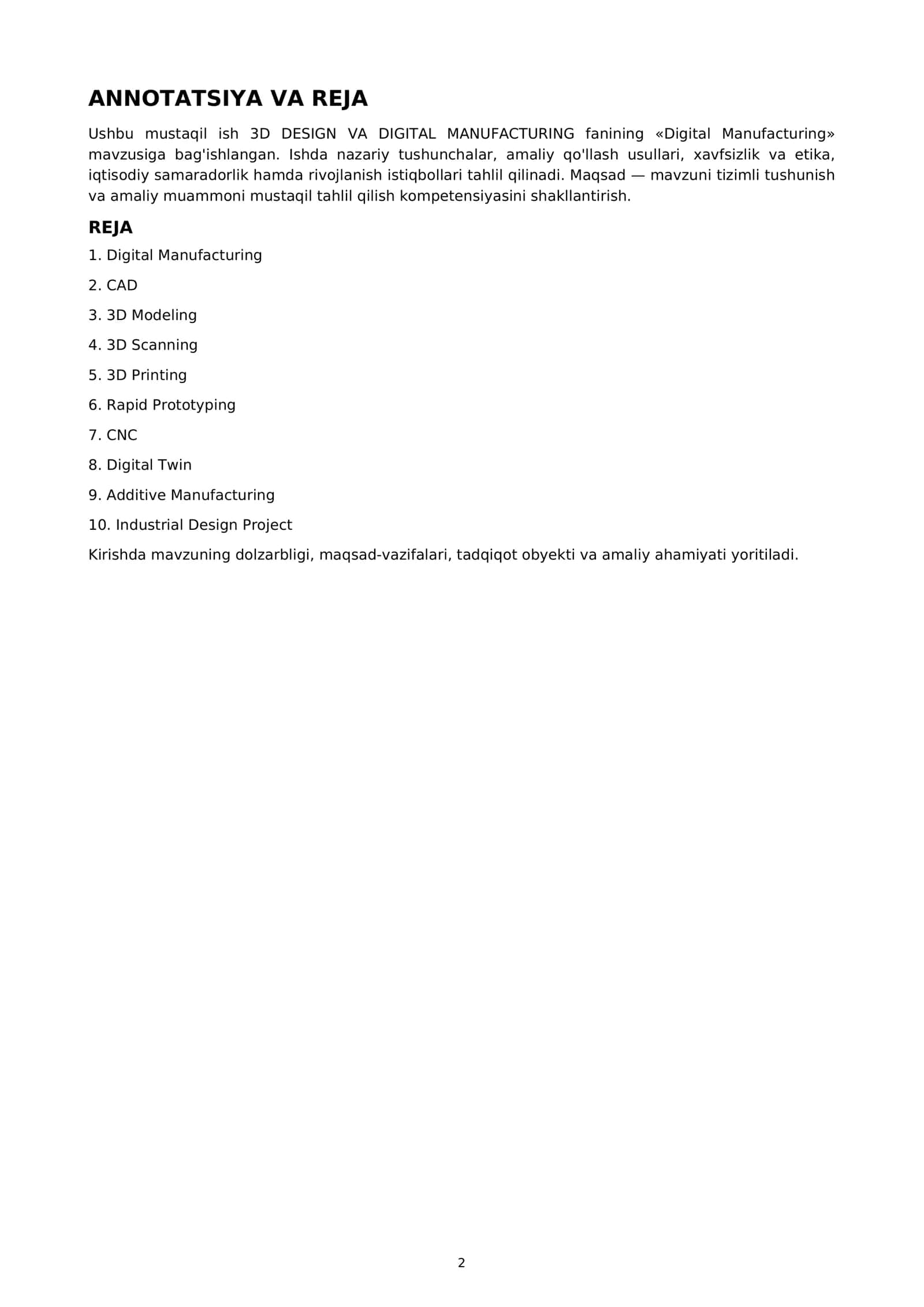 MUSTAQIL ISH: Digital Manufacturing 2
