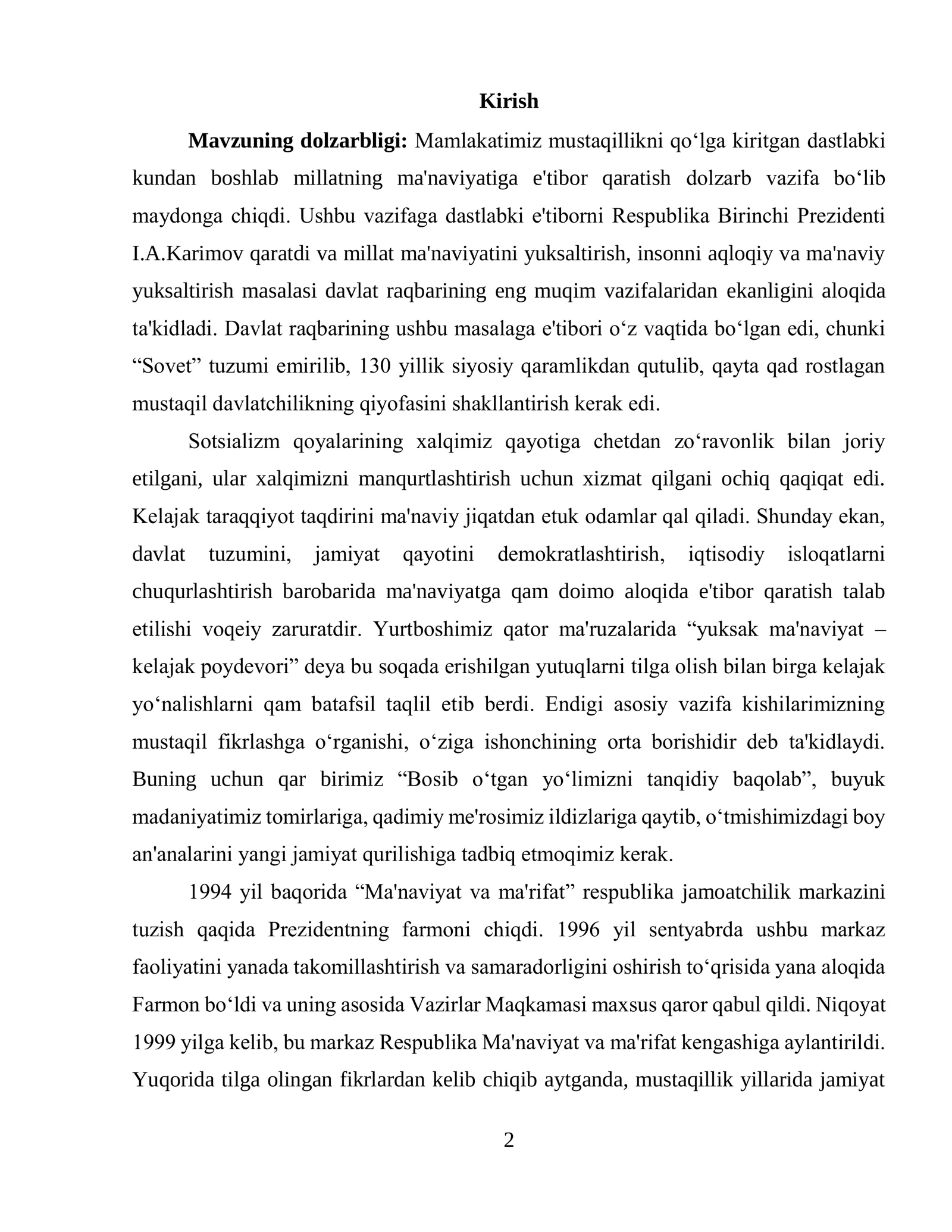 Mamlakat taraqqiyotida ma‘naviyatga bo‘lgan e‘tibor 2