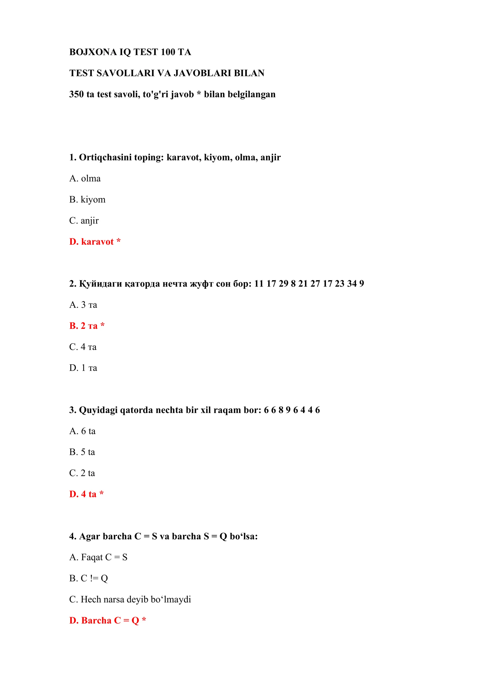 BOJXONA IQ TEST 100 TA 2