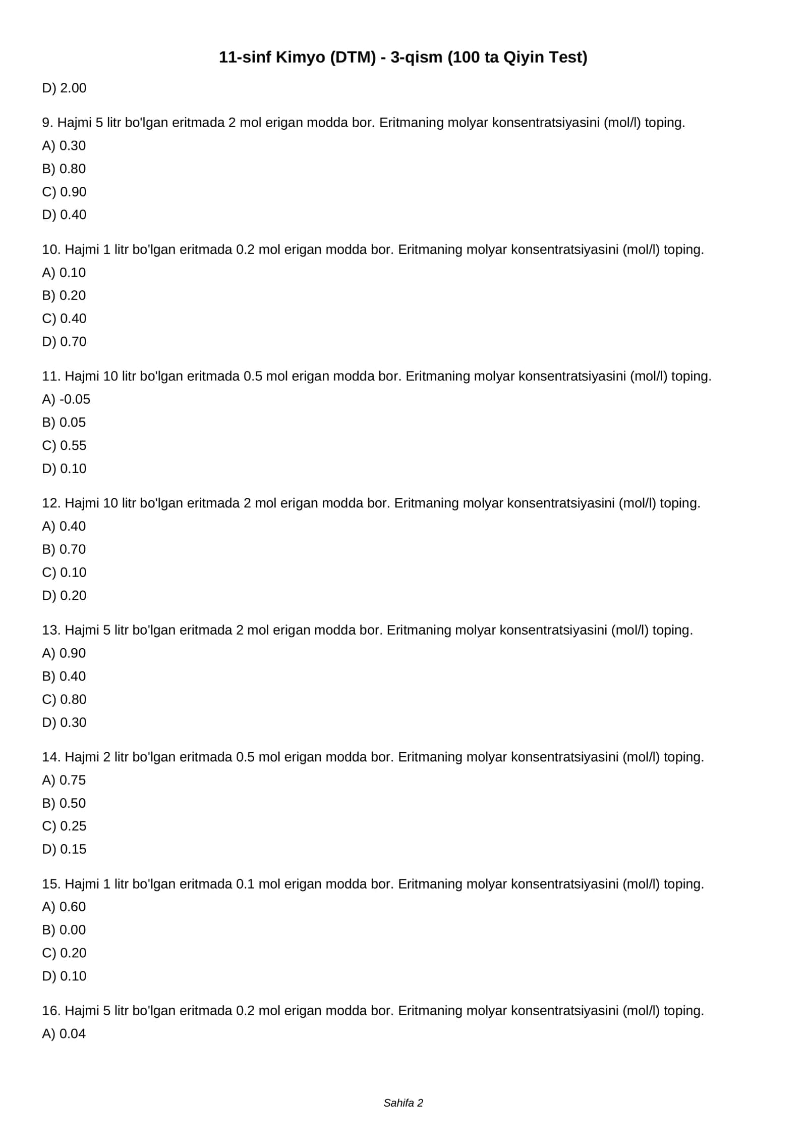 11-sinf Kimyo (DTM) - 3-qism (100 ta Qiyin Test) 2
