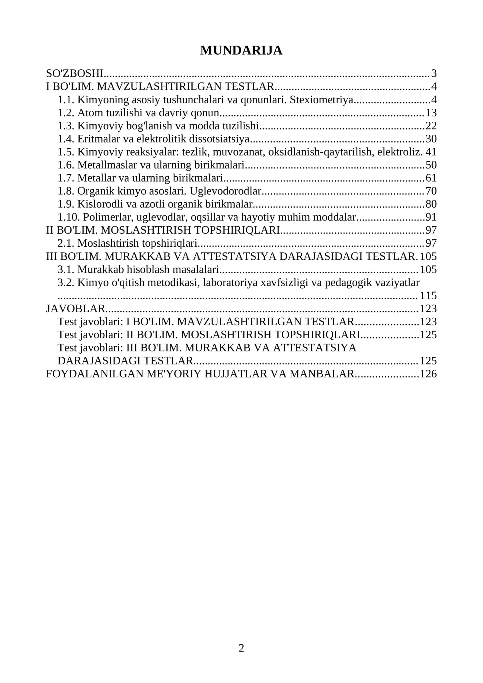 Kimyo fanidan Miliy sertifikat va Attestatsiya savollari va testlar. 1000 ta javoblari bilan. 2