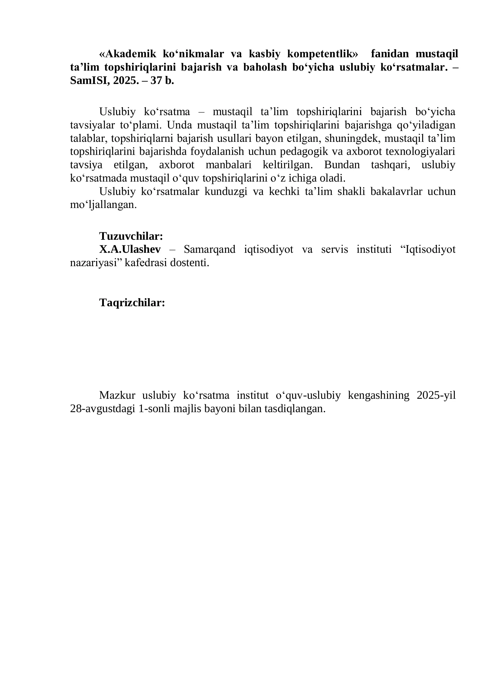 MUSTAQIL TA„LIM TOPSHIRIQLARINI BAJARISH VA BAHOLASH BO„YICHA USLUBIY KO„RSATMALAR 2