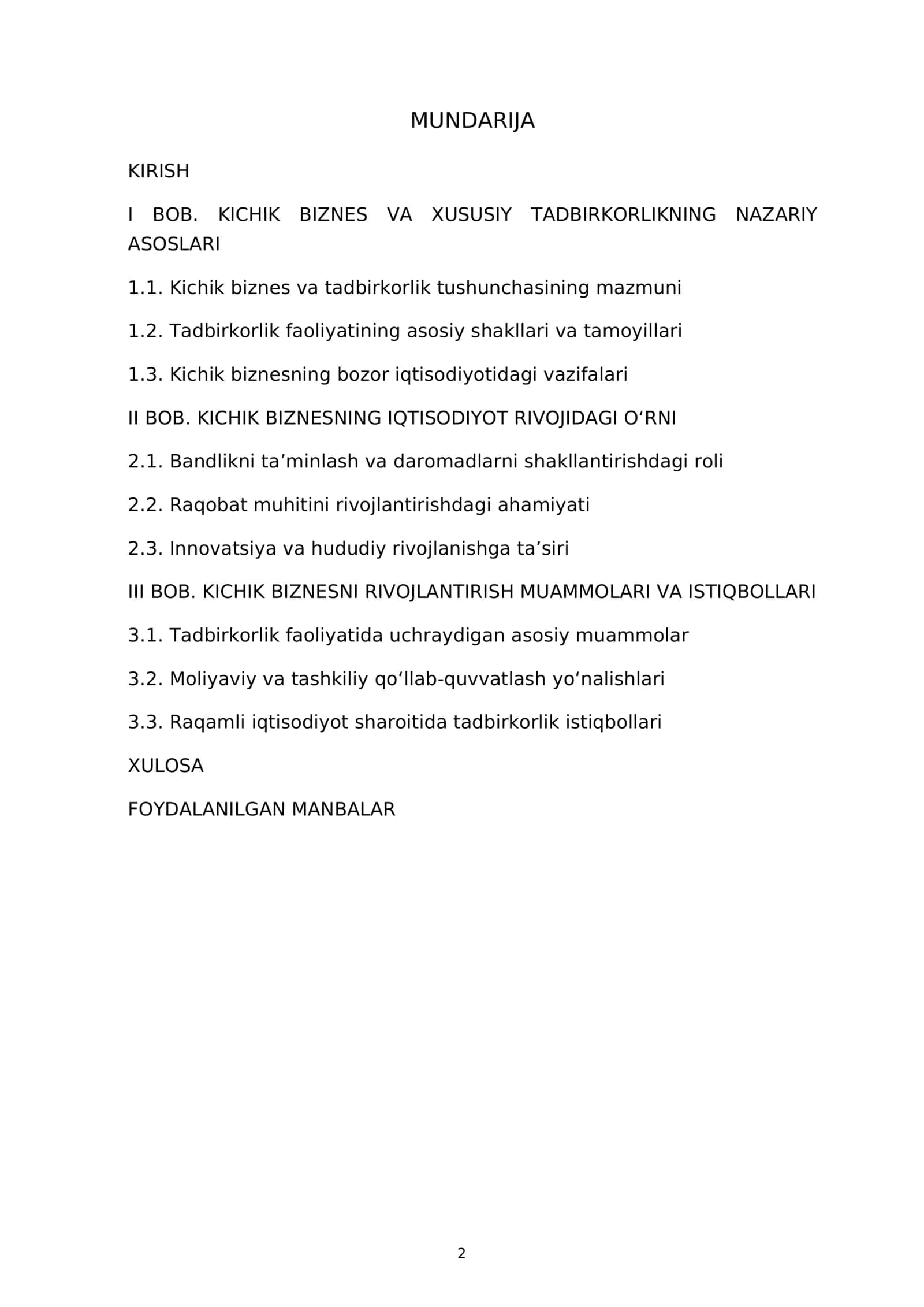 Kichik biznes va xususiy tadbirkorlik — kurs ishi 2
