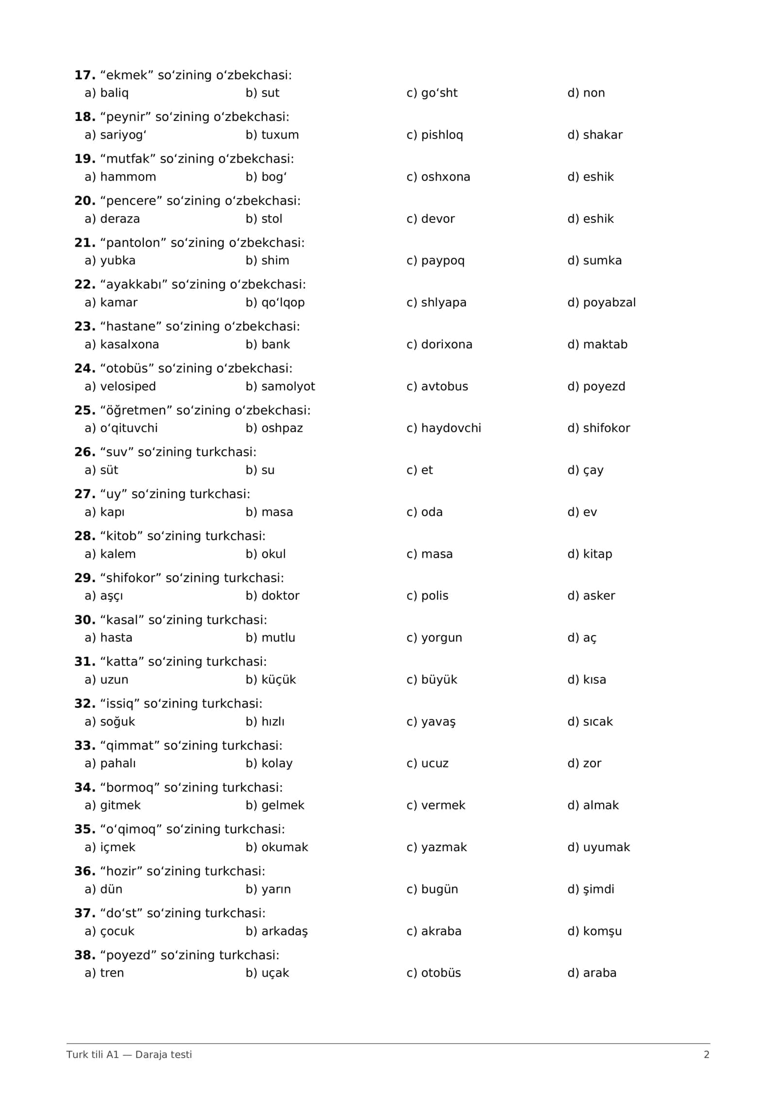 Turk tili A1 mini test: 100 savol + javoblar (PDF) 2