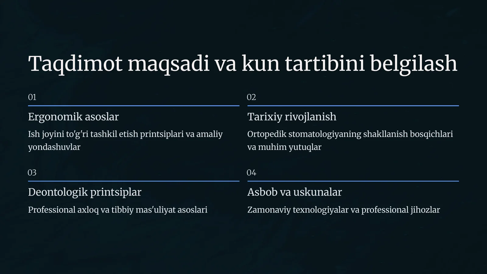 Stomatolog tish sozlash texnigi ish joyini tashkil qilishning ergonomik asoslari. Ortopedik stomatologiya tarixi. Deontologiya. Ortopedik stomatologiyada qo‘llaniladigan asbob va uskunalar. 2