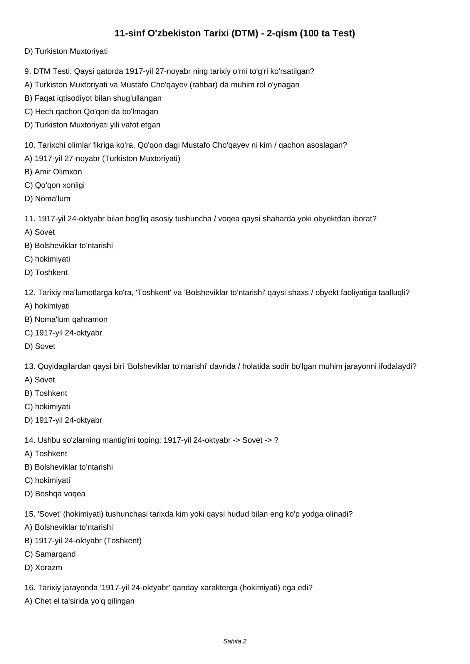 11-sinf O'zbekiston Tarixi (DTM) - 2-qism (100 ta Test) 2