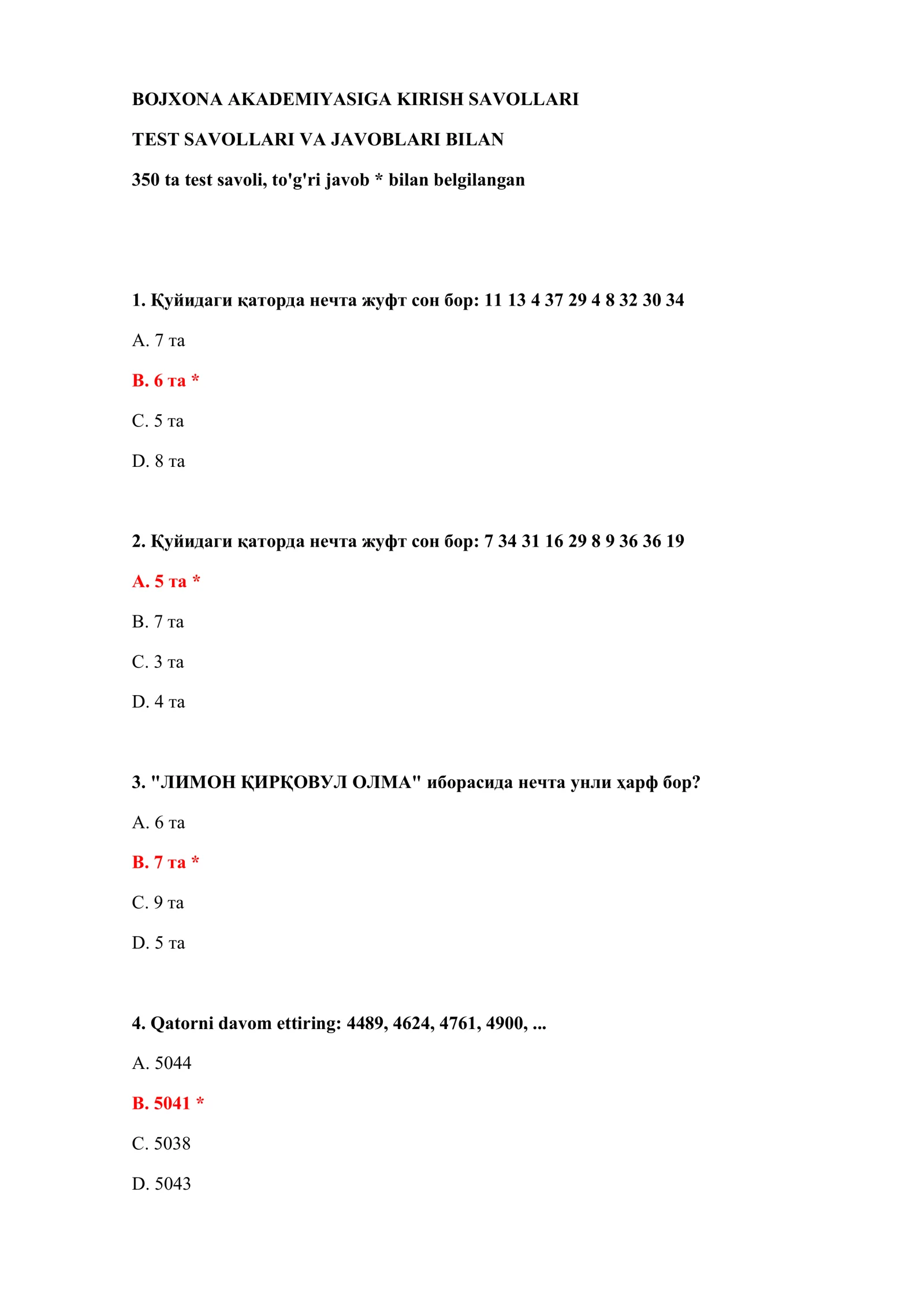 KIRISH SAVOLLARI TEST SAVOLLARI VA JAVOBLARI BILAN 2