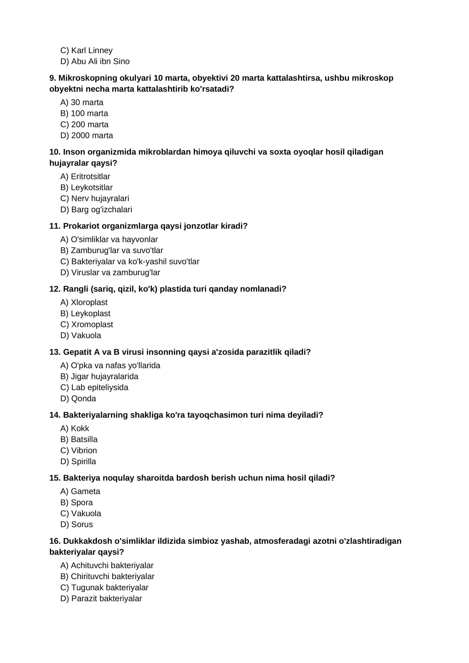 Biologiya 5-sinf bo'yicha yakuniy test 2