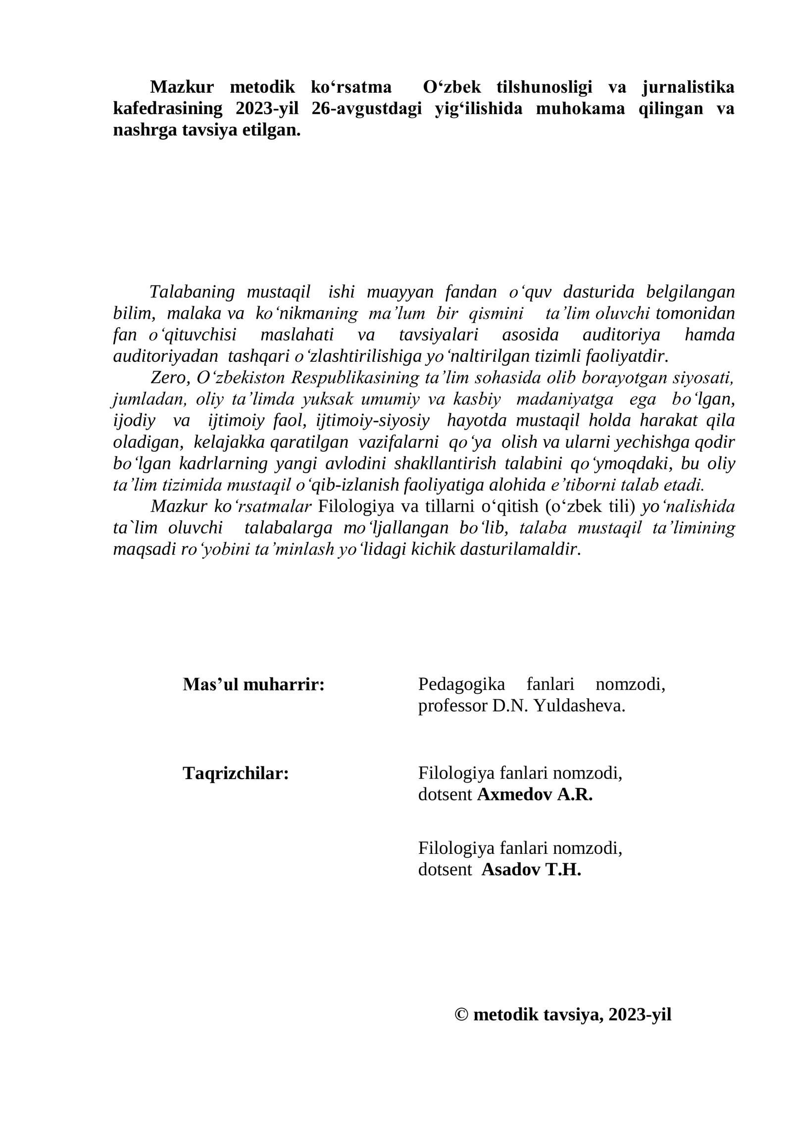 MUSTAQIL TA‟LIM: KORSATMALAR 2