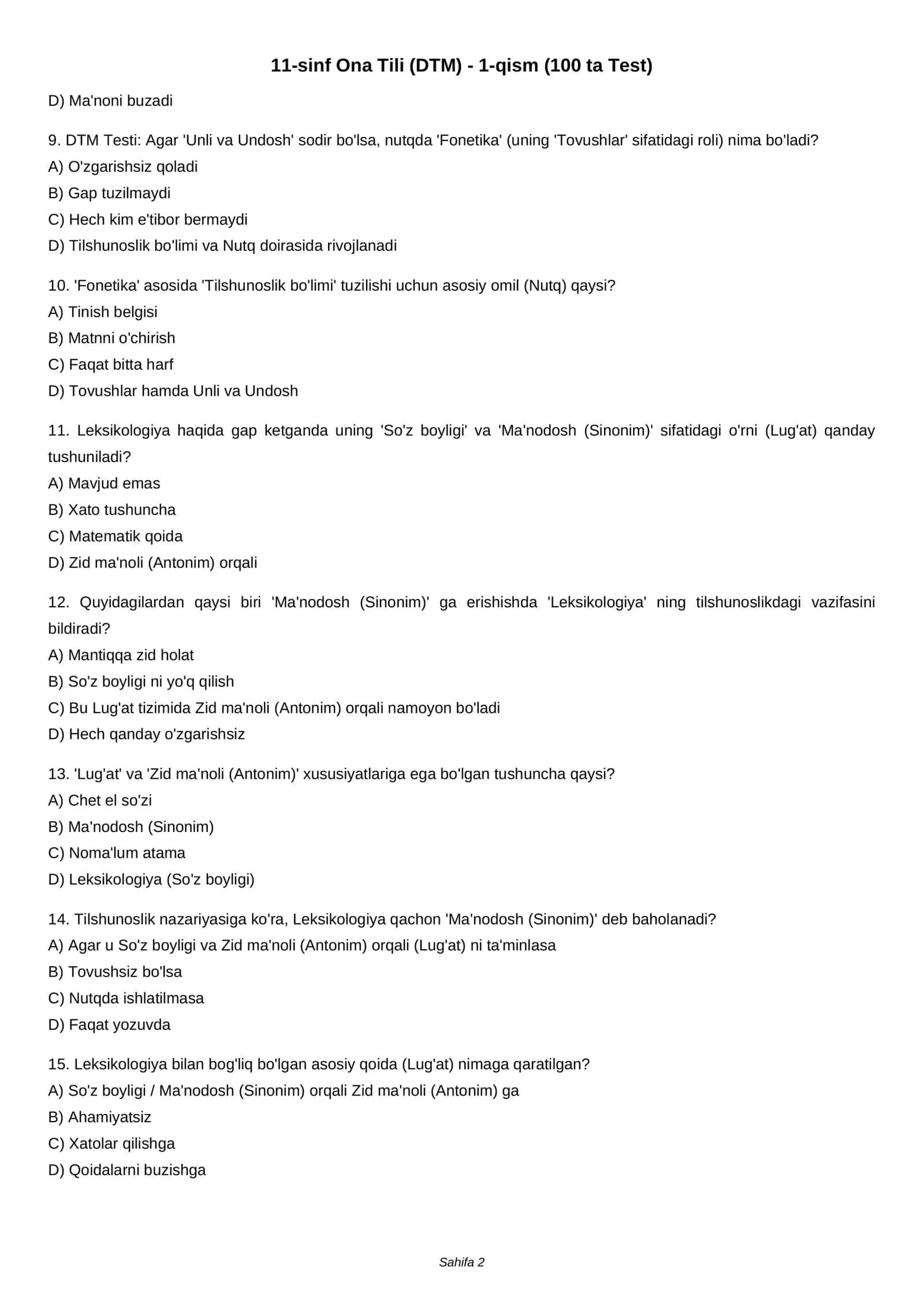 11-sinf Ona Tili (DTM) - 1-qism (100 ta Test) 2