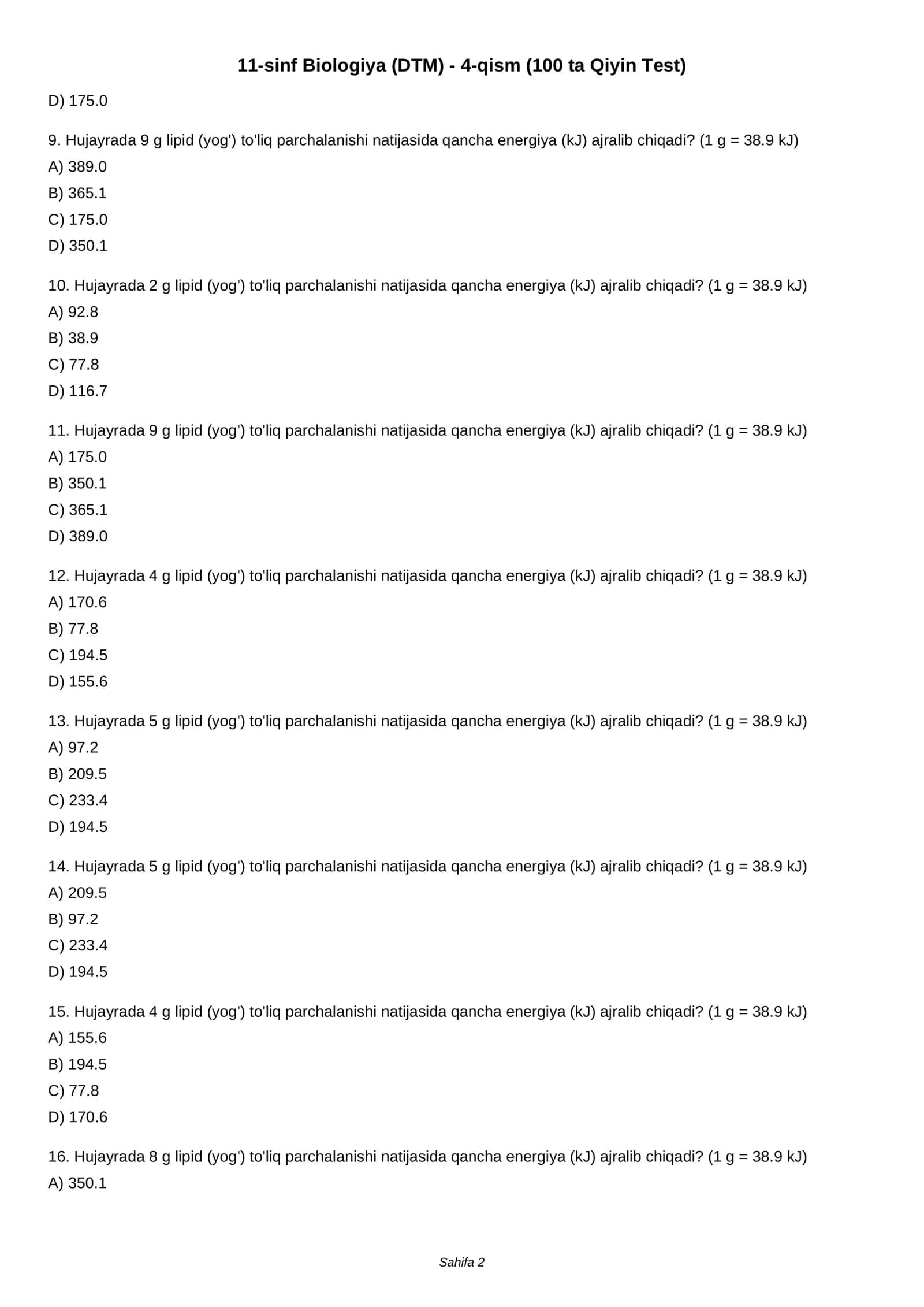 11-sinf Biologiya (DTM) - 4-qism (100 ta Qiyin Test) 2