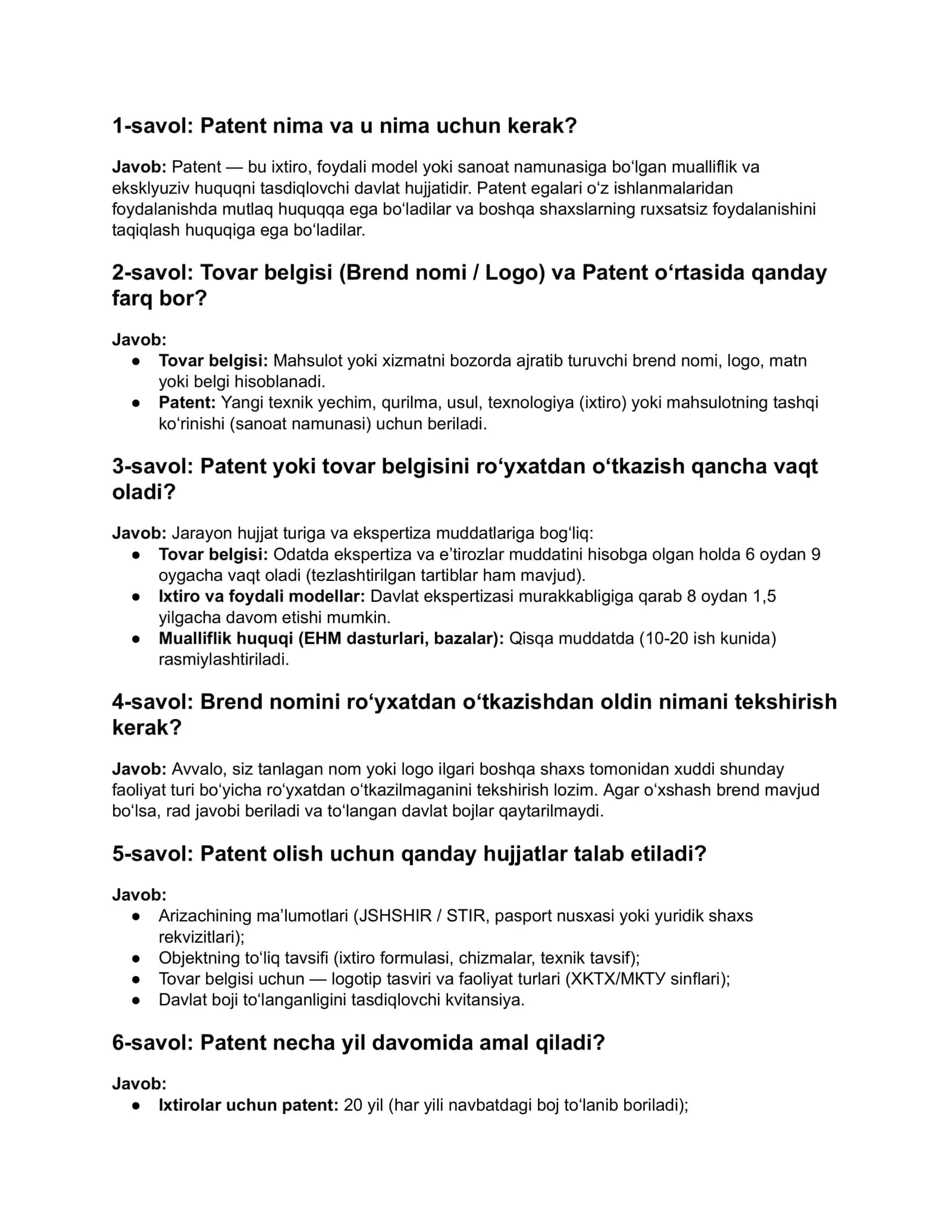 Patent savol javoblari 2