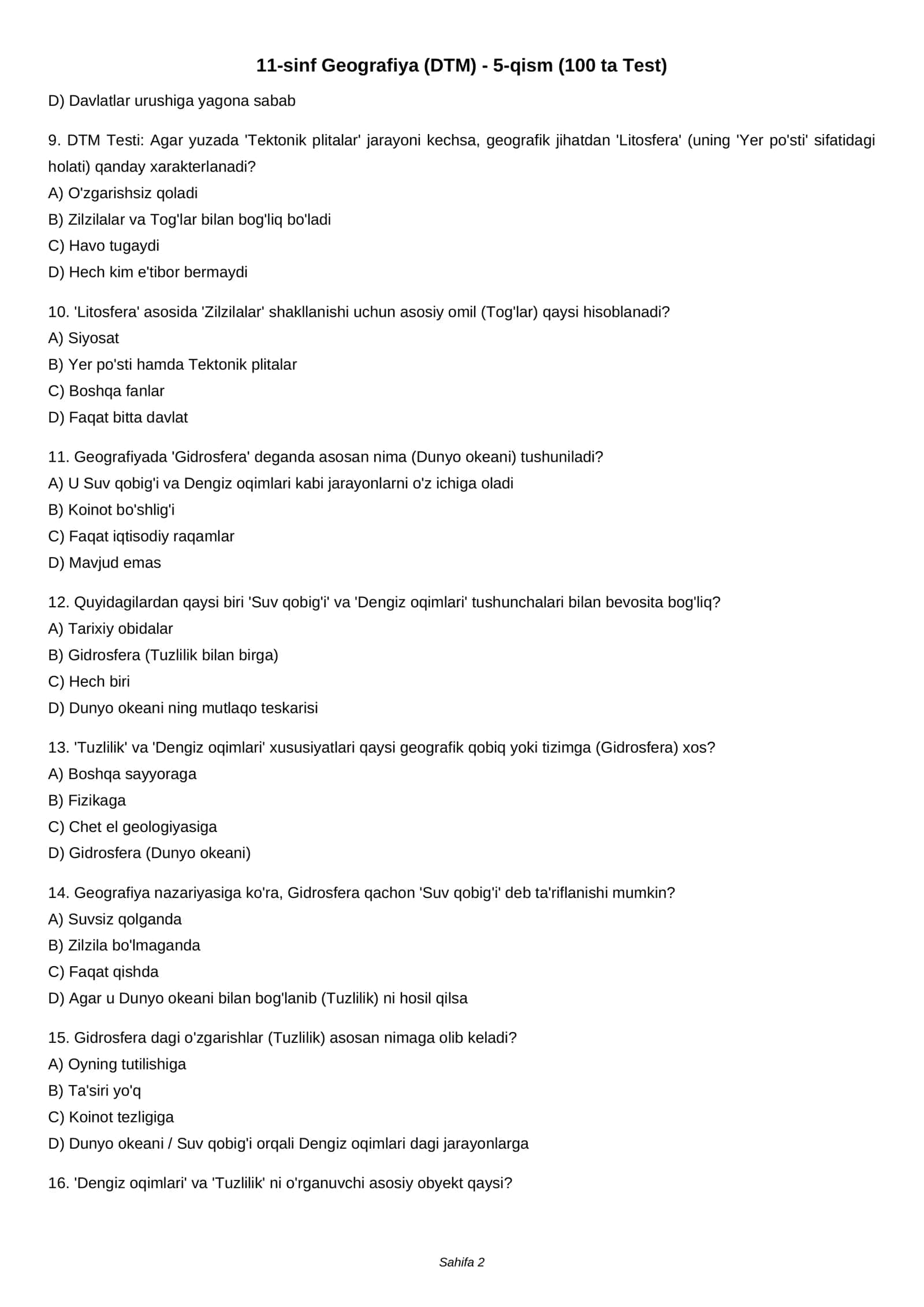 11-sinf Geografiya (DTM) - 5-qism (100 ta Test) 2