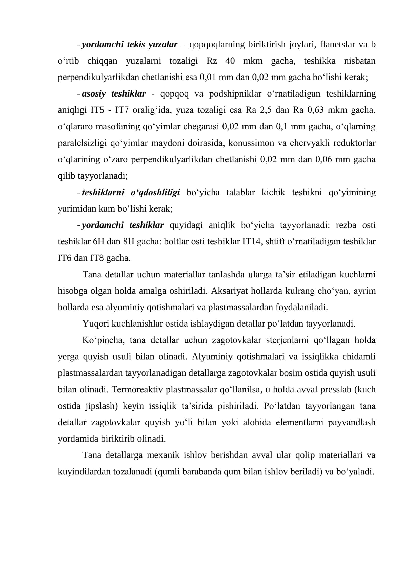 4-ma’ruza. Tana detallariga mexanik ishlov berish texnologik jarayonlari 2