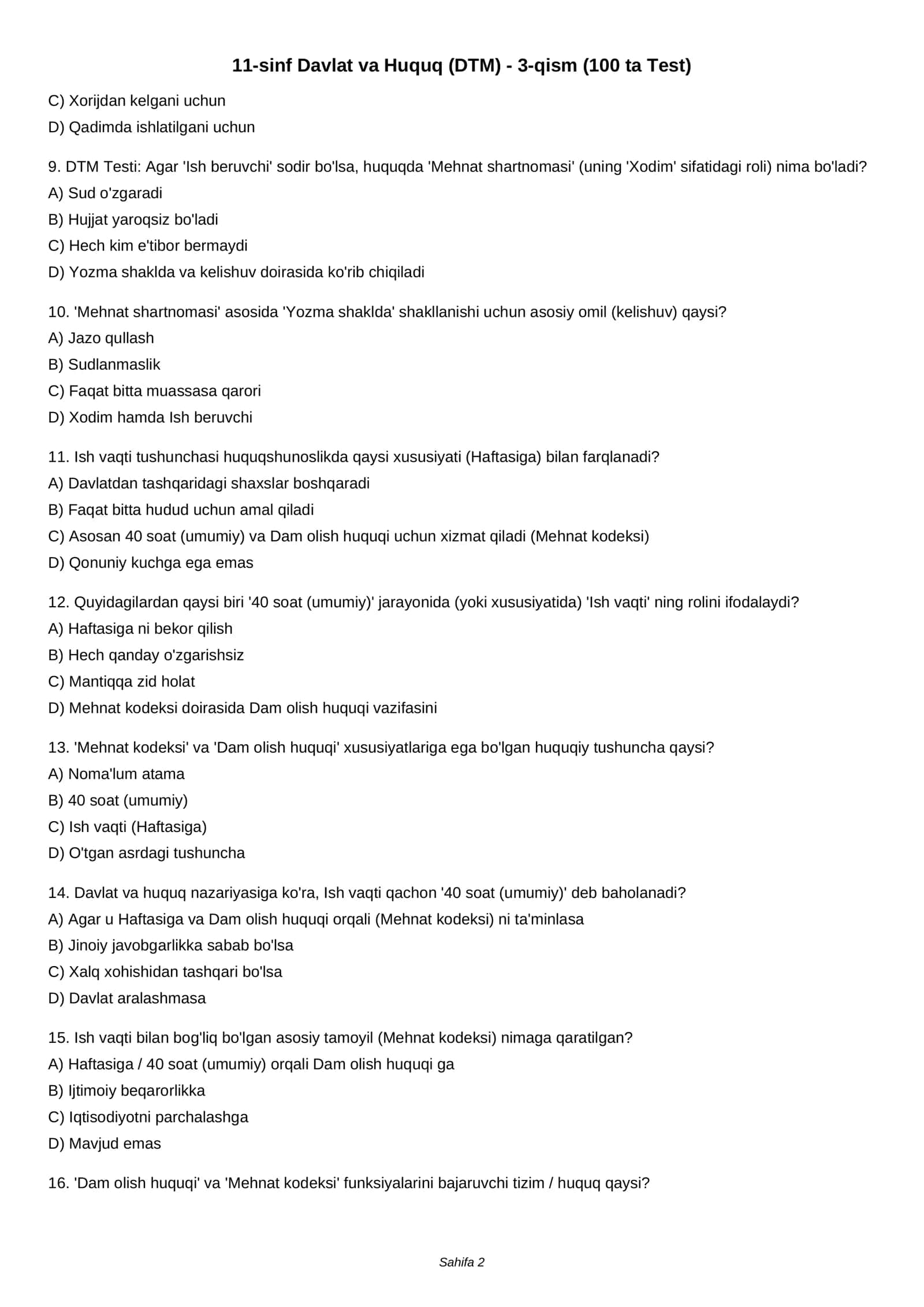 11-sinf Davlat va Huquq (DTM) - 3-qism (100 ta Test) 2