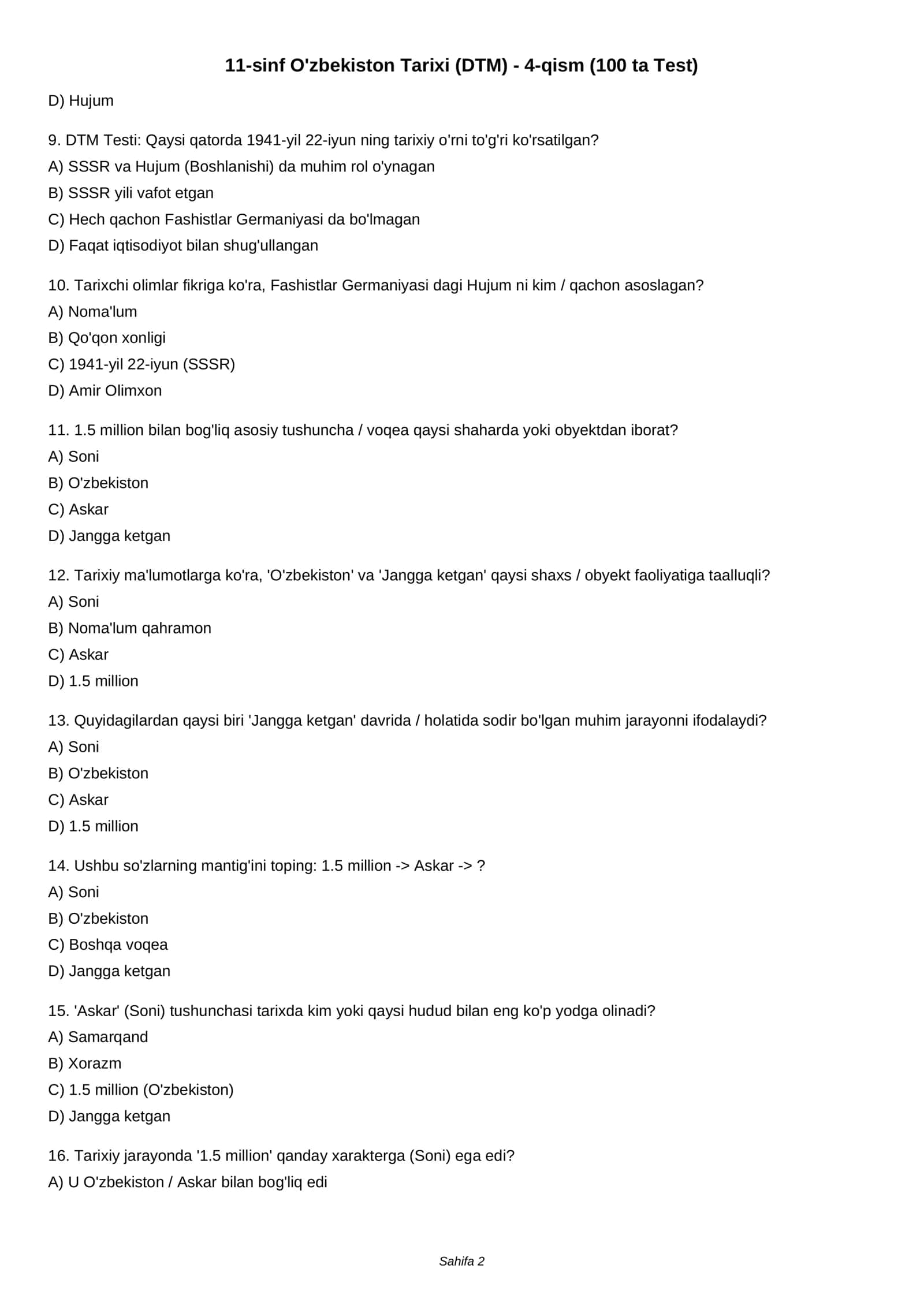 11-sinf O'zbekiston Tarixi (DTM) - 4-qism (100 ta Test) 2