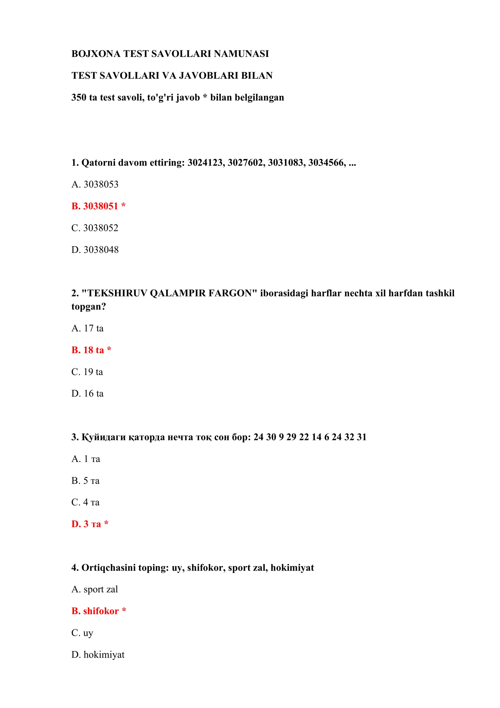 BOJXONA TEST SAVOLLARI NAMUNASI 2