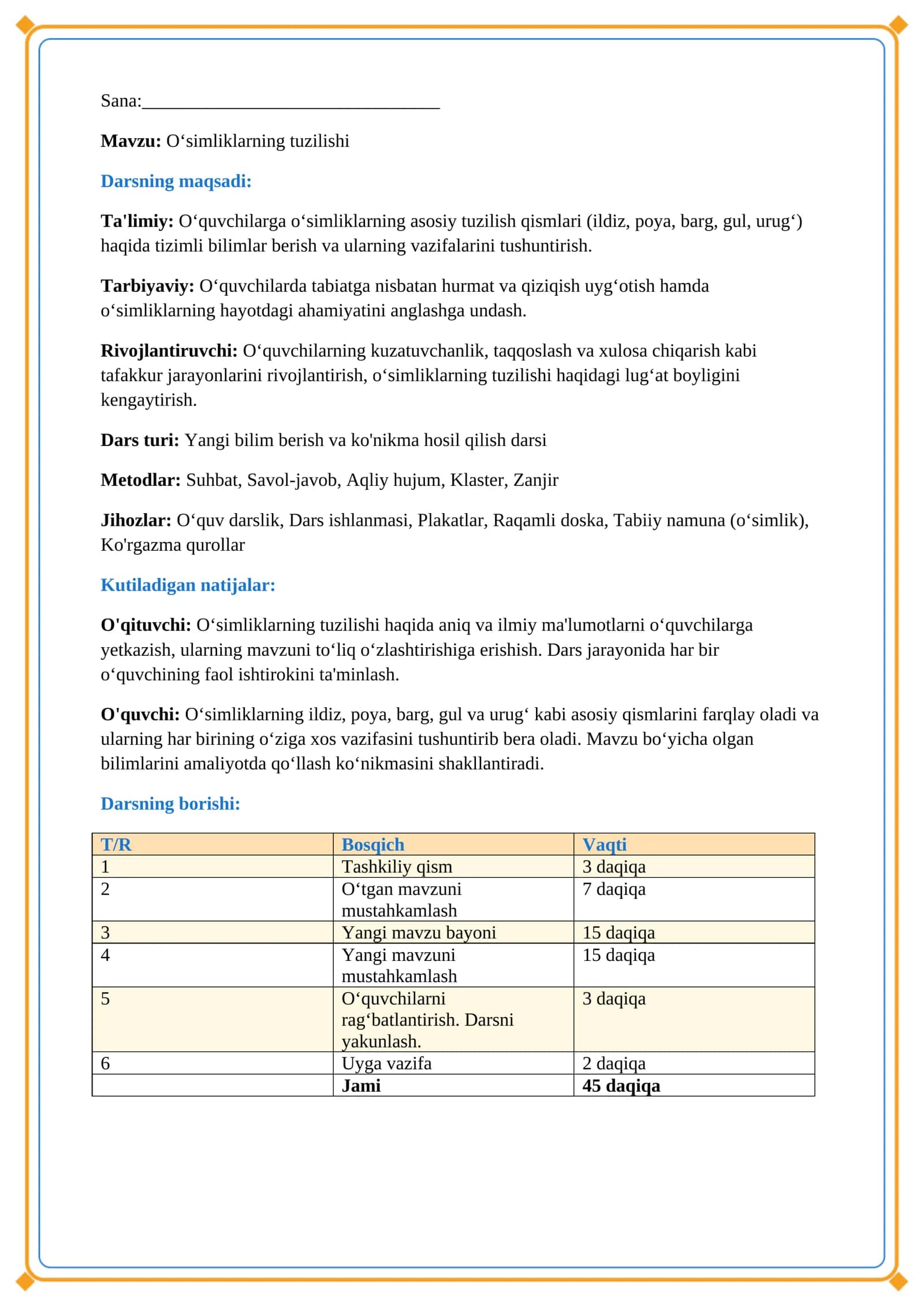Biologiya fanidan "O‘simliklarning tuzilishi" dars ishlanmasi 2
