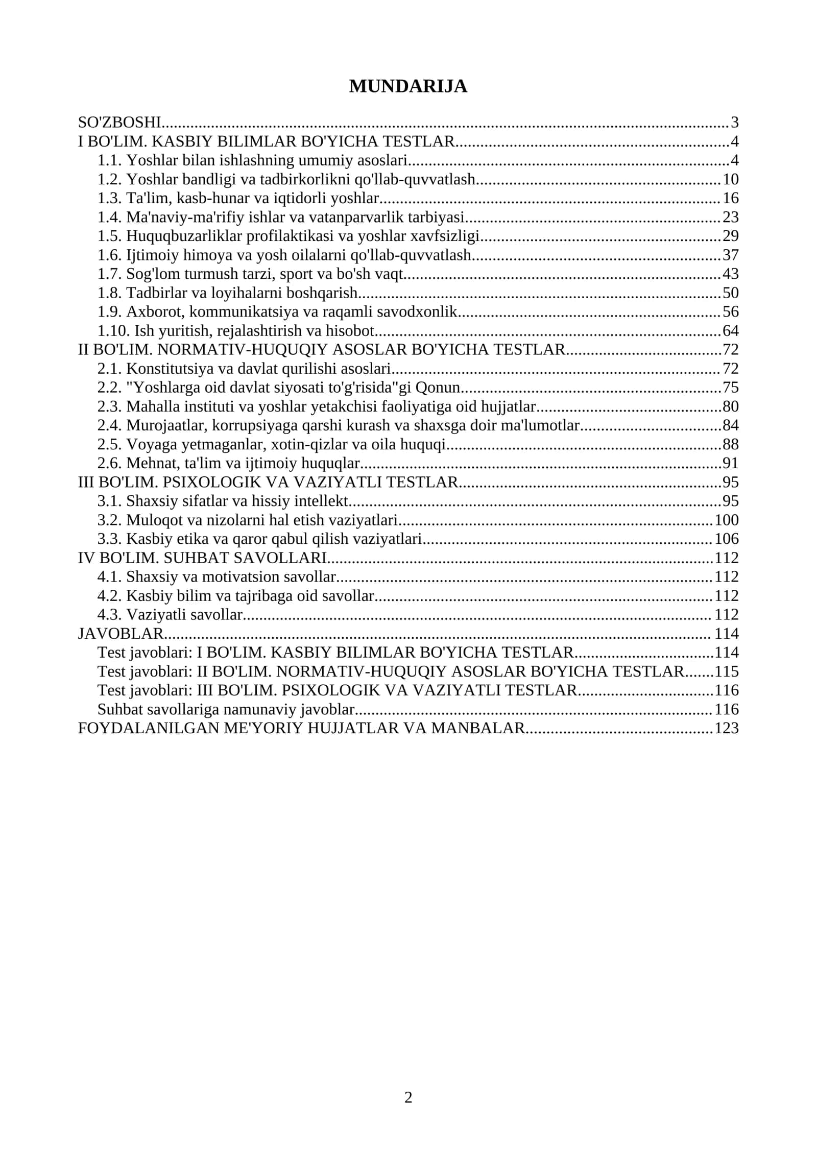 MAHALLA YOSHLAR YETAKCHISI SUHBAT SAVOLLARI VA TESTLAR. 1000 TA TEST 2