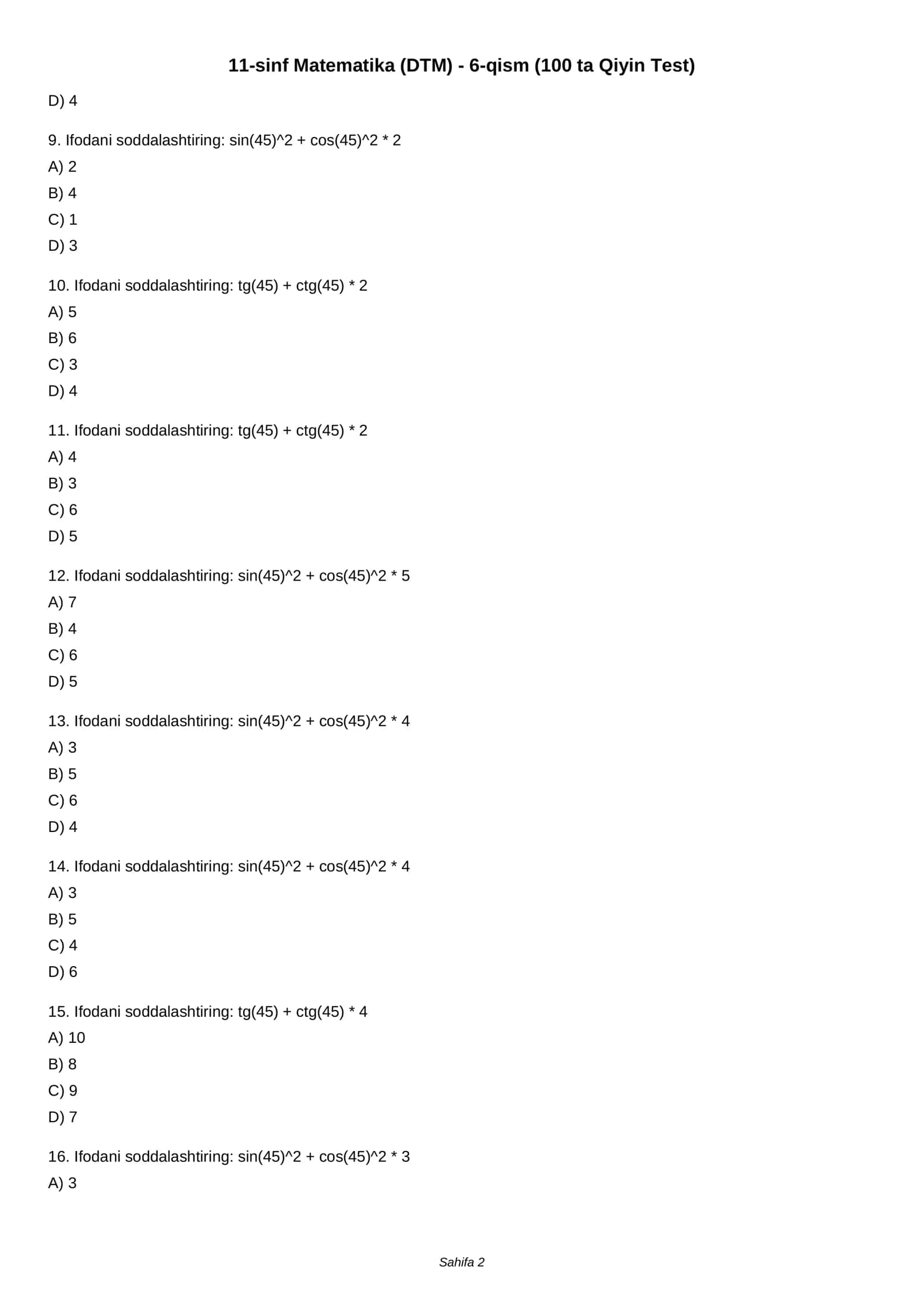 11-sinf Matematika (DTM) - 6-qism (100 ta Qiyin Test) 2