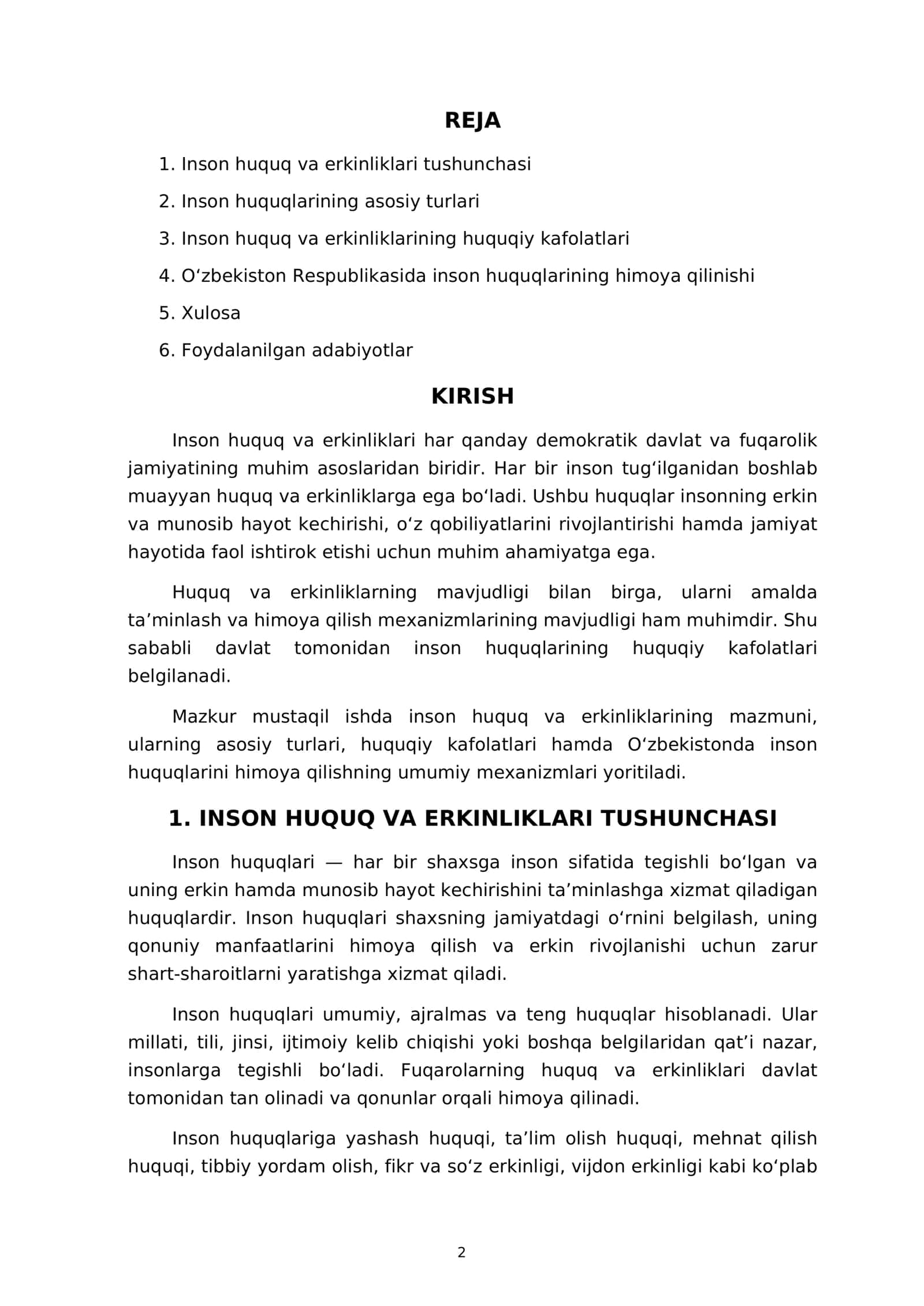 Inson huquq va erkinliklarining huquqiy kafolatlari — Mustaqil ish 2