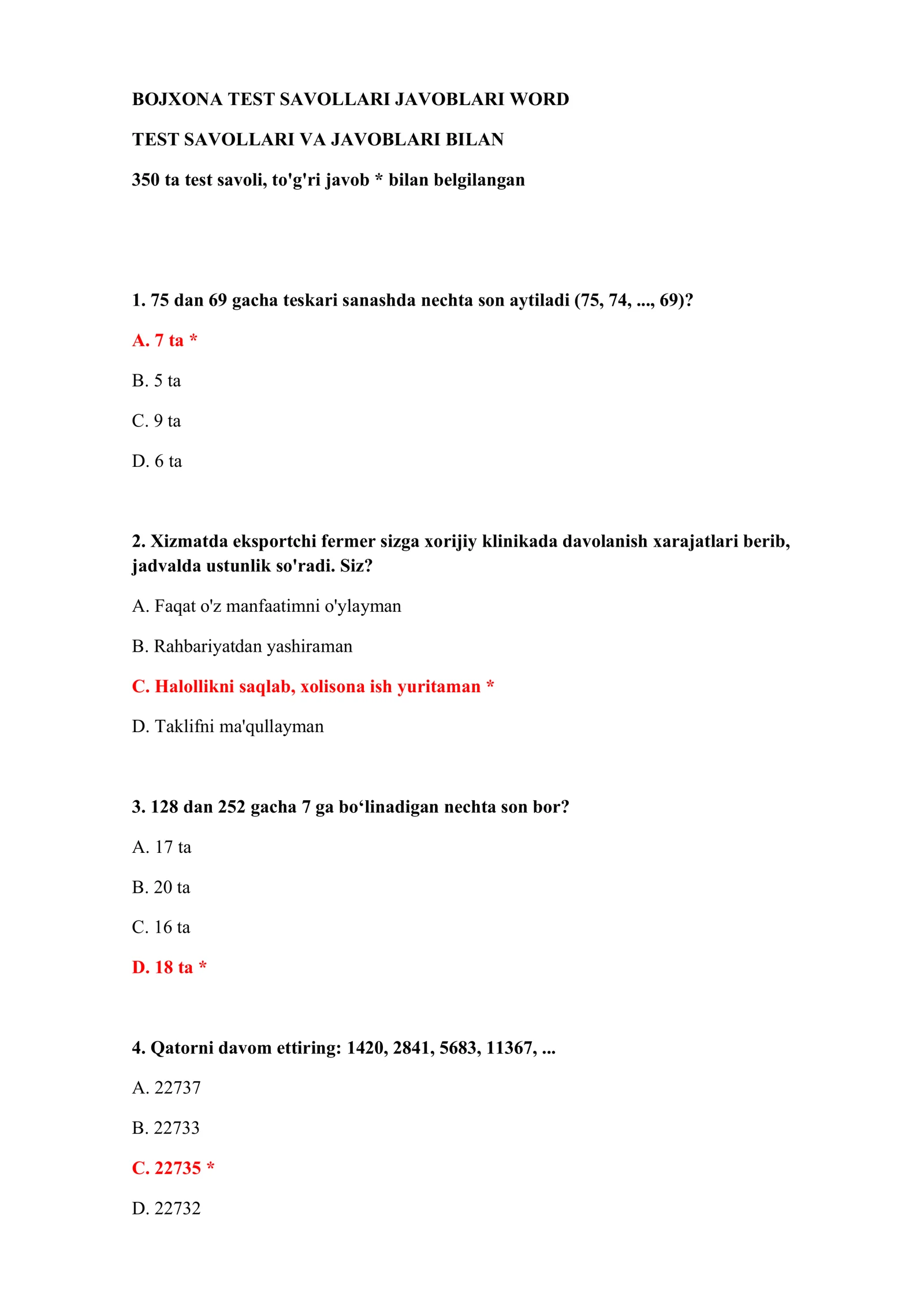 BOJXONA TEST SAVOLLARI JAVOBLARI WORD 2