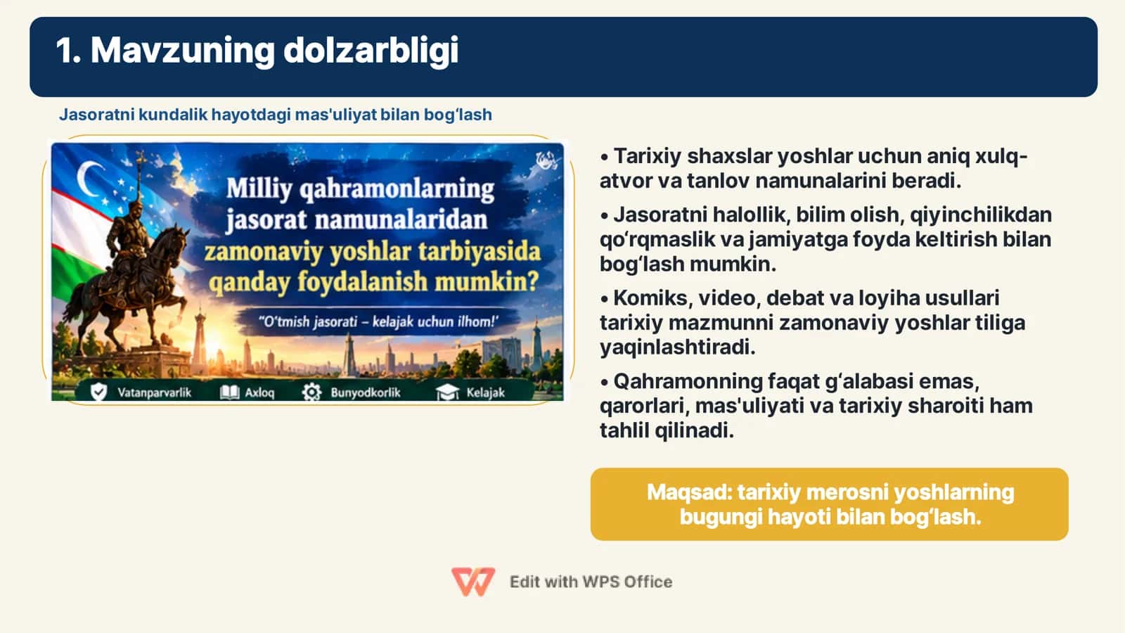 MILLIY QAHRAMONLARNING JASORAT NAMUNALARIDAN ZAMONAVIY YOSHLAR TARBIYASIDA QANDAY FOYDALANISH MUMKIN? 2