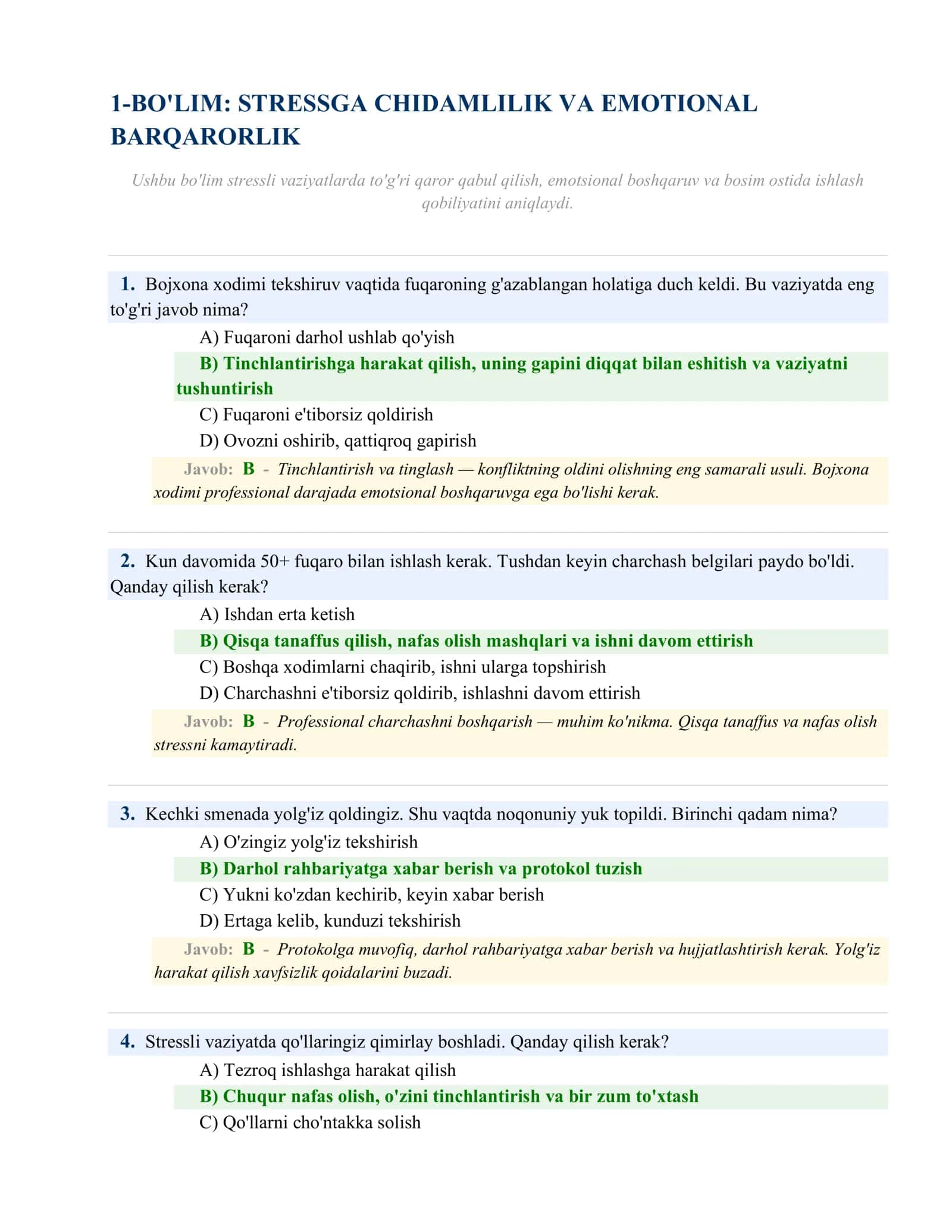 BOJXONAGA ISHGA KIRISH UCHUN PSIXOLOGIK TEST SAVOL VA JAVOBLARI ORIGINAL 2