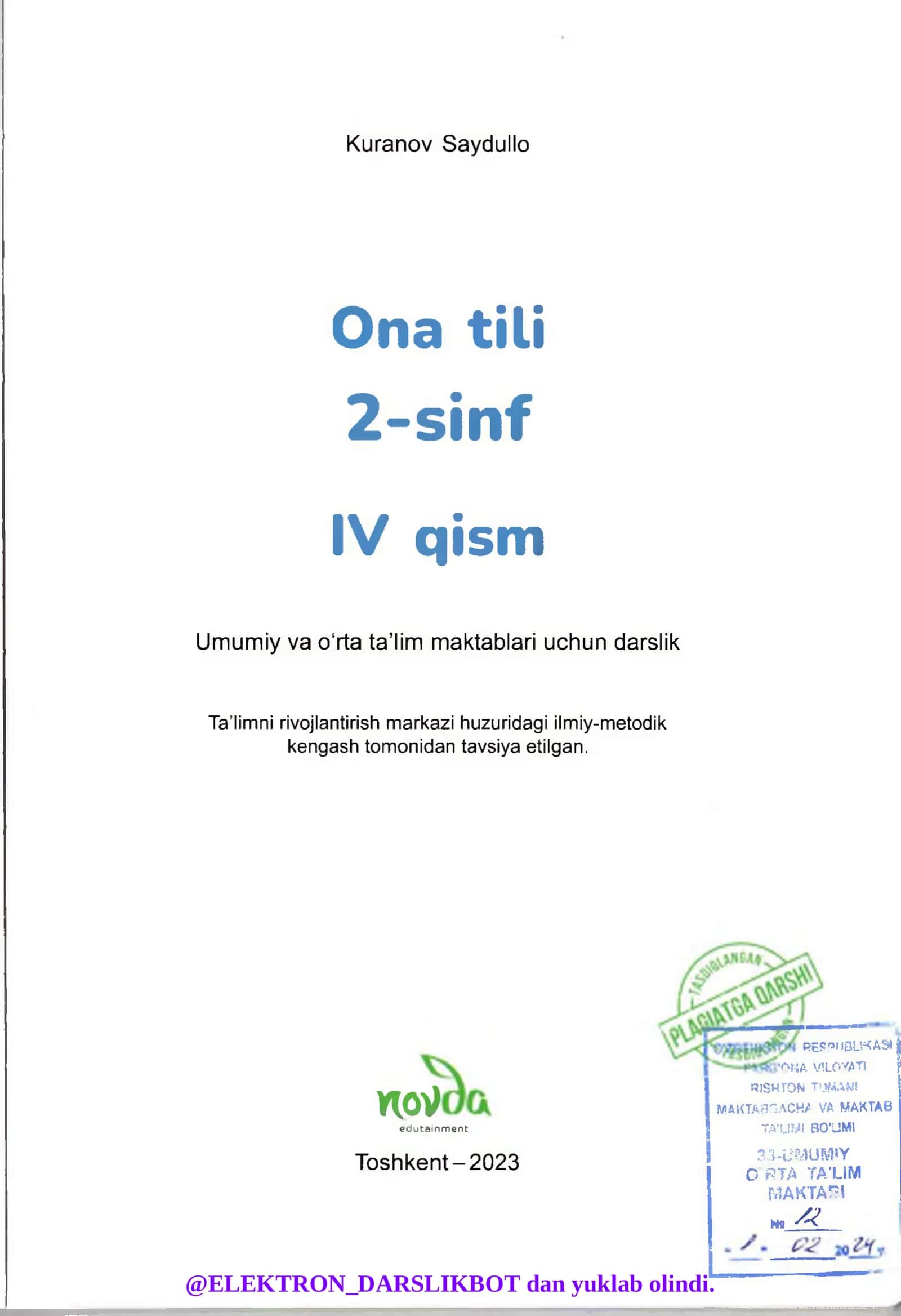Ona tili. Umumiy o‘rta ta’lim maktablarining 2-sinfi uchun darslik. IV qism 2
