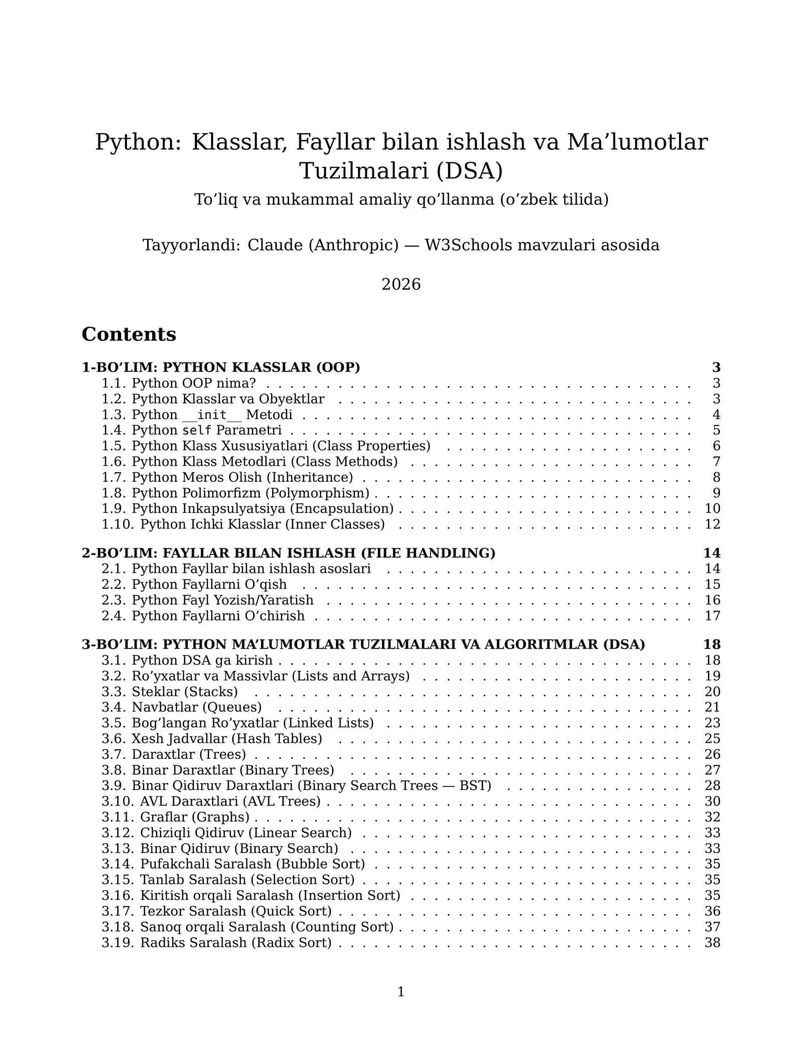 Python: Klasslar, Fayllar bilan ishlash va Ma’lumotlar Tuzilmalari (DSA) 2
