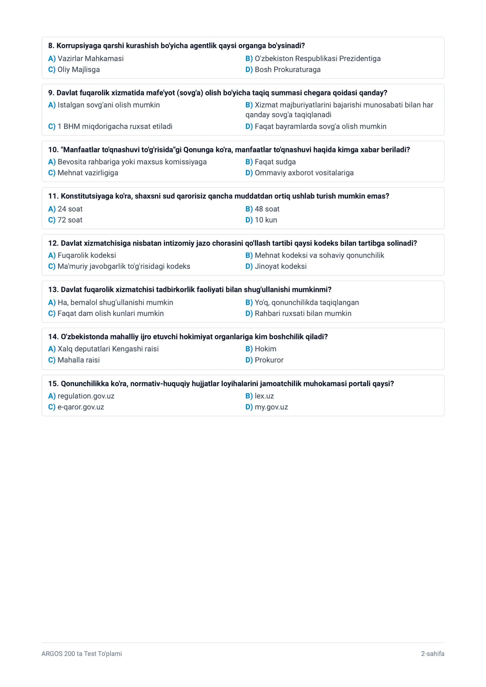 DAVLAT FUQAROLIK XIZMATI 200 TA TEST TOPLAMI 2